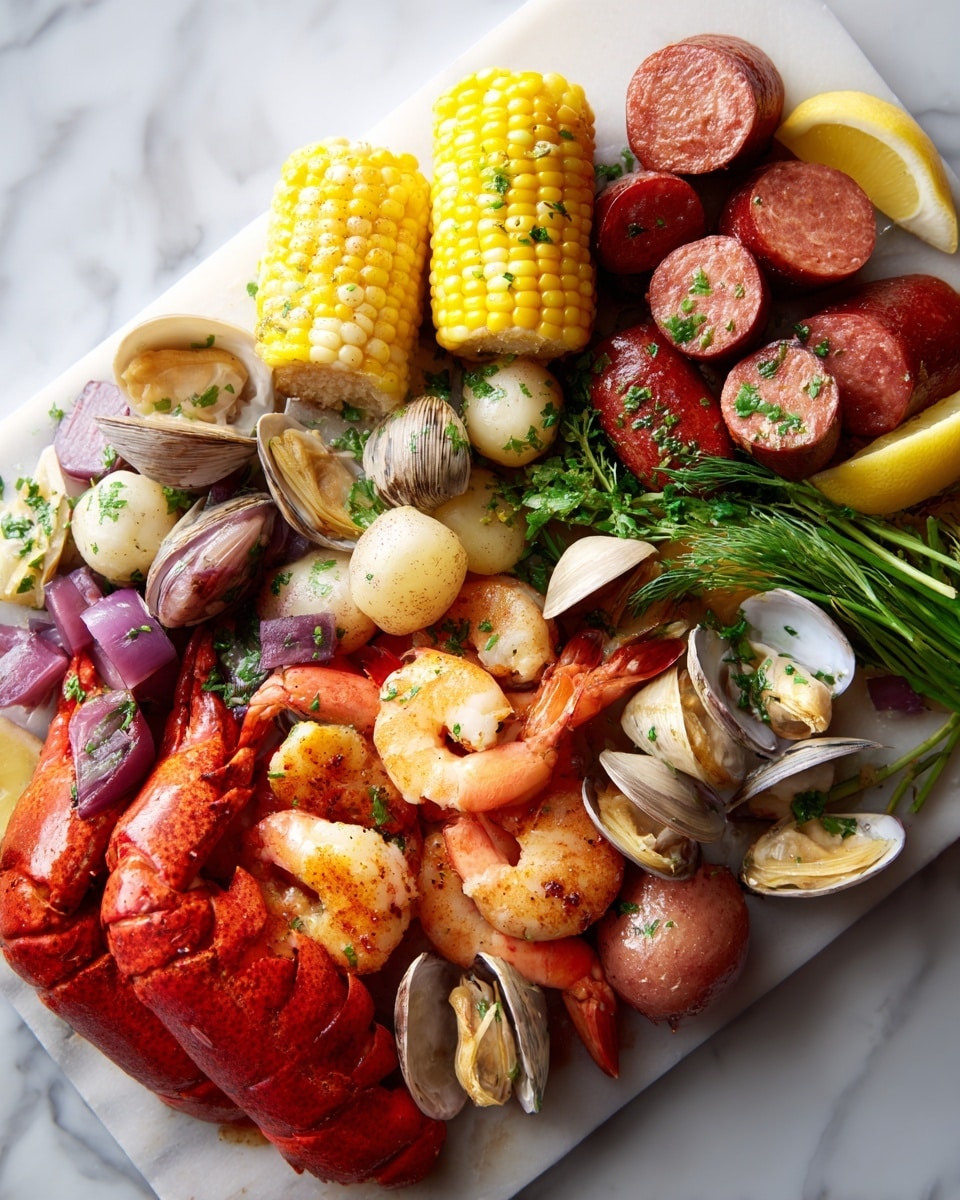 The image shows a colorful mix of food arranged closely on a white marbled surface, including several layers of ingredients. There are bright red lobster tails in the lower part, plump orange shrimp scattered around, and brown clams with open shells revealing their texture. Mixed with these are red chunks of potatoes, some white onion pieces, and thick rounds of reddish sausage. A small bright yellow corn on the cob sits near the middle, with green herbs sprinkled throughout and lemon wedges adding a touch of yellow and green around the edges. Everything looks cooked with a light seasoning, creating a warm and rich look. photo taken with an iphone --ar 4:5 --v 7