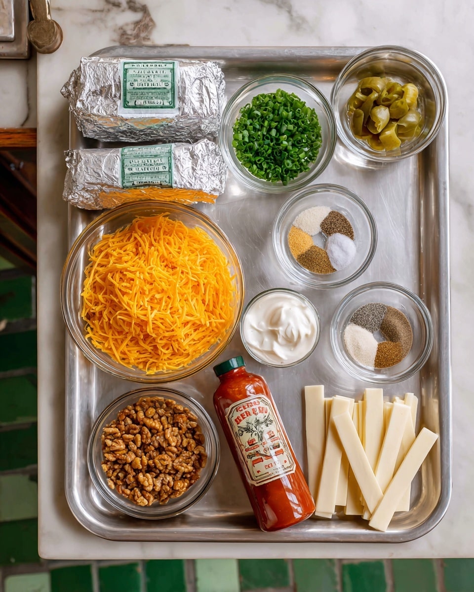 A metal tray holds various ingredients arranged neatly: two foil-wrapped cream cheese blocks sit top left, next to a clear glass bowl filled with bright orange shredded cheddar cheese on the right. Below that, a small bowl of chopped green chives is centered at the top. To the right of the chives, a glass bowl shows four different spices separated into quarters—white salt, black pepper, light tan powder, and another light-colored spice. On the bottom right, there are four sticks of pale mozzarella cheese placed vertically and a partially visible bottle of red Tabasco sauce lying diagonally, pointing upward. At the bottom left corner, a large glass bowl of crushed nuts and next to it a smaller bowl of chopped green pickles sit side by side. A bowl of cooked, crumbled brown sausage is just above these bowls slightly to the right. Above the nut bowl, a small bowl of thick white sour cream is positioned. The tray rests on a white marbled surface with green tiles barely visible in the background. photo taken with an iphone --ar 4:5 --v 7