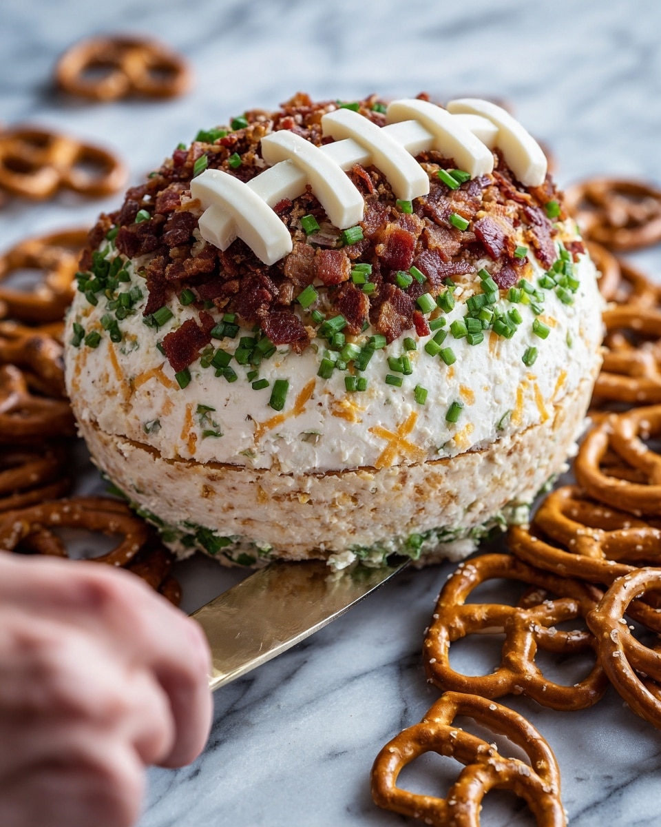 This image shows a football-shaped cheese ball with three layers. The base layer is creamy white cheese, covered by a middle layer with bits of orange and brown, likely cheese and bacon. The top layer is coated with chopped green onions and small pieces of bacon, giving it a rough texture. On top, five white strips of cheese are laid to look like football laces. Surrounding the cheese ball are pretzels with salt grains on them, all placed on a surface with a white marbled texture. A knife with a piece of the cheese ball is visible in the lower left corner, with a woman's hand close to the shot. Photo taken with an iphone --ar 4:5 --v 7
