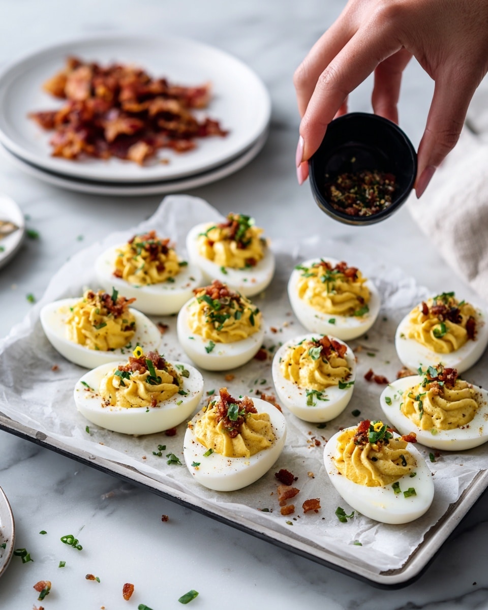 A white tray lined with parchment paper holds ten deviled eggs arranged in three rows. Each egg half is filled with creamy yellow yolk mixture, topped with finely chopped green herbs and small bits of crispy brown bacon. To the side, a white plate contains a pile of extra crumbled crispy bacon. Another white plate is partly visible, with a few green herb bits scattered on it. A woman's hand holds a black small cup above the tray, likely adding seasoning. All items rest on a white marbled surface. Photo taken with an iphone --ar 4:5 --v 7