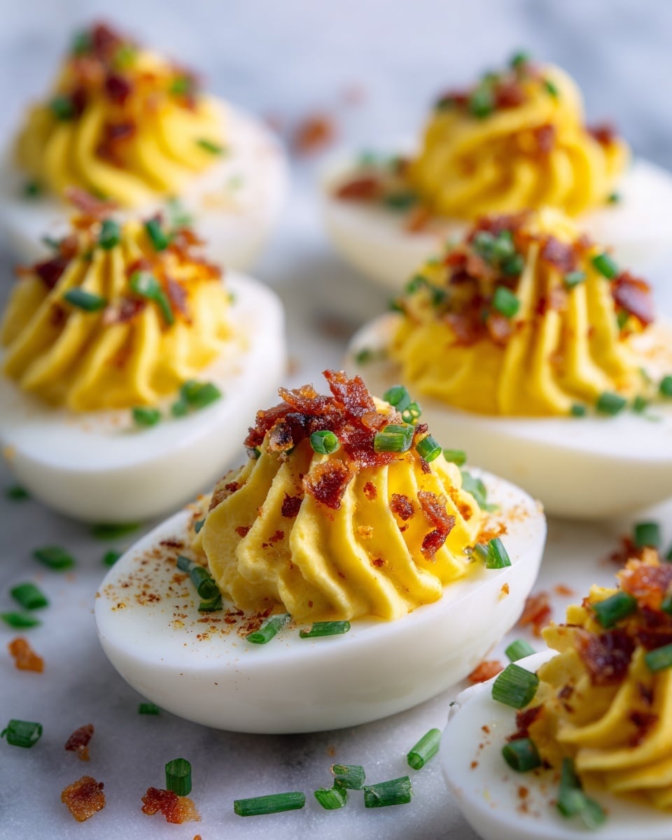 A close-up of several deviled eggs arranged on a white marbled surface; each egg has a smooth, shiny white base with a bright yellow, creamy filling swirled on top in a soft peak, garnished with small green chive pieces and crispy brown bacon bits scattered over and around them, highlighting the contrast in colors and textures in a fresh and appetizing way, photo taken with an iphone --ar 4:5 --v 7