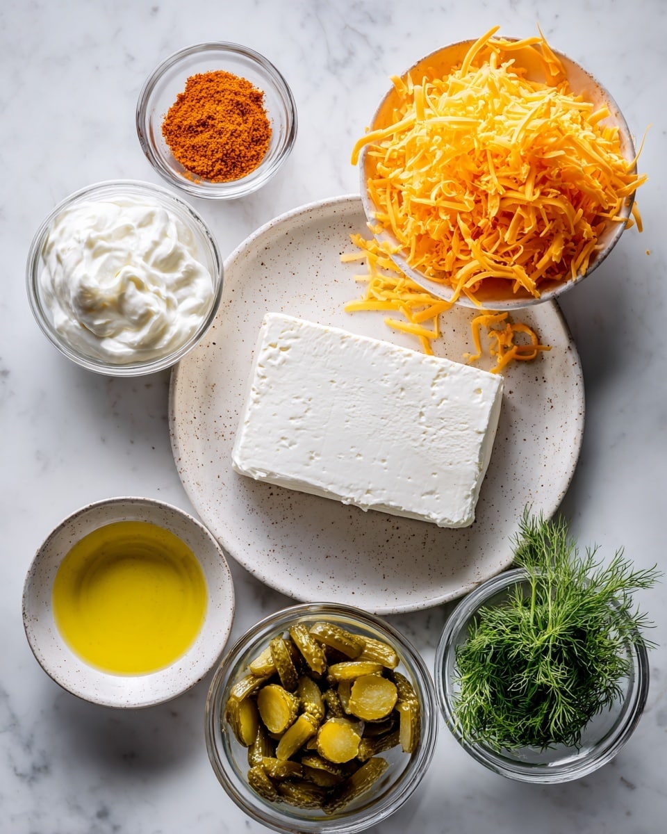 A block of white cream cheese sits on a white speckled plate in the center, surrounded by five small clear glass bowls arranged loosely around it on a white marbled surface. The top right bowl is filled with bright orange shredded cheddar cheese. Above the plate to the left is a bowl holding orange paprika powder. To the left of the plate is a bowl with thick white sour cream. Below that is another bowl with light yellow olive oil. Below the plate there is a bowl filled with chopped green pickles with some brown edges, and to the right of that is a small white bowl with fresh green dill. photo taken with an iphone --ar 4:5 --v 7