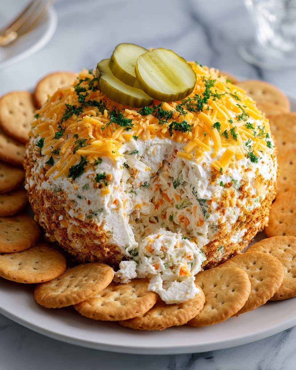 A round cheese ball covered with a layer of shredded yellow cheese and green herbs on top, with a bite taken out showing a creamy inside mixed with small pieces of orange and green. The cheese ball sits on a white plate surrounded by round, light brown crackers, and a slice of pickle is placed on top as a garnish. The plate rests on a white marbled surface. The photo taken with an iphone --ar 4:5 --v 7