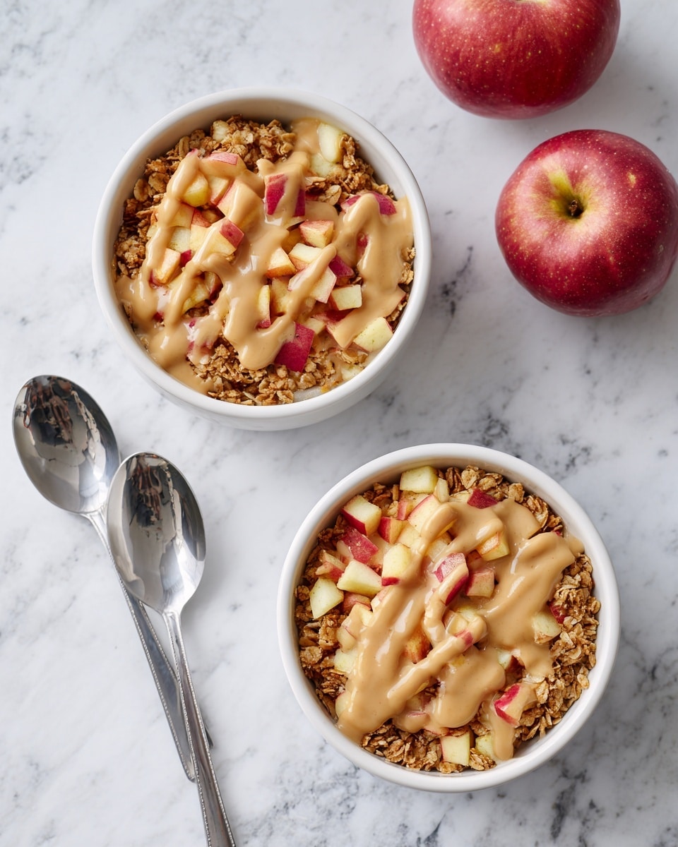 The image shows two white bowls filled with a layered dish on a white marbled surface. Each bowl contains a bottom layer of granola, topped with small pieces of chopped red and yellow apples. Over the fruit, there is a creamy, light brown sauce drizzled unevenly across the top. The texture of the granola is crunchy and golden, while the sauce looks smooth and soft. Nearby on the surface are two whole red apples and two silver spoons placed next to the bowls, adding a fresh and simple touch to the scene. photo taken with an iphone --ar 4:5 --v 7