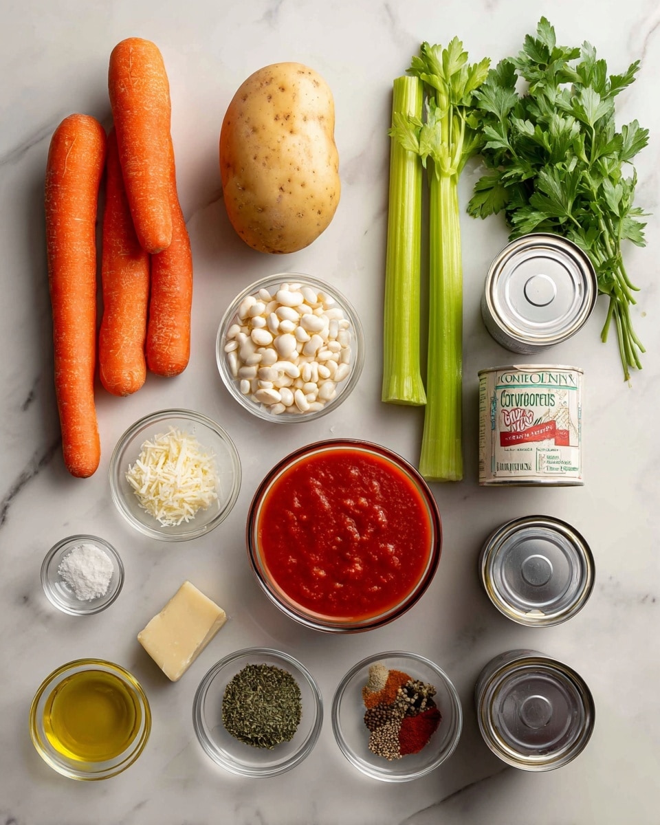 The image shows a well-arranged group of cooking ingredients on a white marbled surface. There are two whole orange carrots and three long green celery stalks layered side by side with fresh green parsley leaves next to them. Near the center, a tan potato, a whole yellow onion, and a bright red bell pepper are placed. On the right side, two cans of white beans stand beside a carton of organic vegetable broth, and a clear glass bowl filled with thick red tomato sauce is nearby. To the left, various small clear bowls hold different items: grated cheese, white powder, green herbs, oil, small garlic pieces, and a soft cheese square, along with a small silver bowl containing multiple dried spices arranged in several piles. The whole setting is bright with natural light, nicely spaced, and a clean look. Photo taken with an iphone --ar 4:5 --v 7