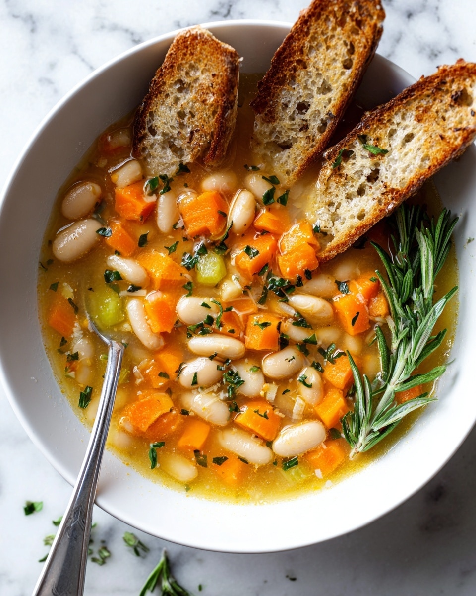 A white bowl filled with clear broth soup layered with white beans, small orange carrot cubes, and small light green celery pieces evenly spread throughout. The soup is topped with chopped green herbs and two sprigs of fresh rosemary placed on the right edge inside the bowl. Three toasted multigrain bread strips stand upright on the left side of the bowl with a silver spoon partially submerged near the bottom left. The bowl sits on a white marbled surface with bits of celery and herbs scattered around. Photo taken with an iphone --ar 4:5 --v 7