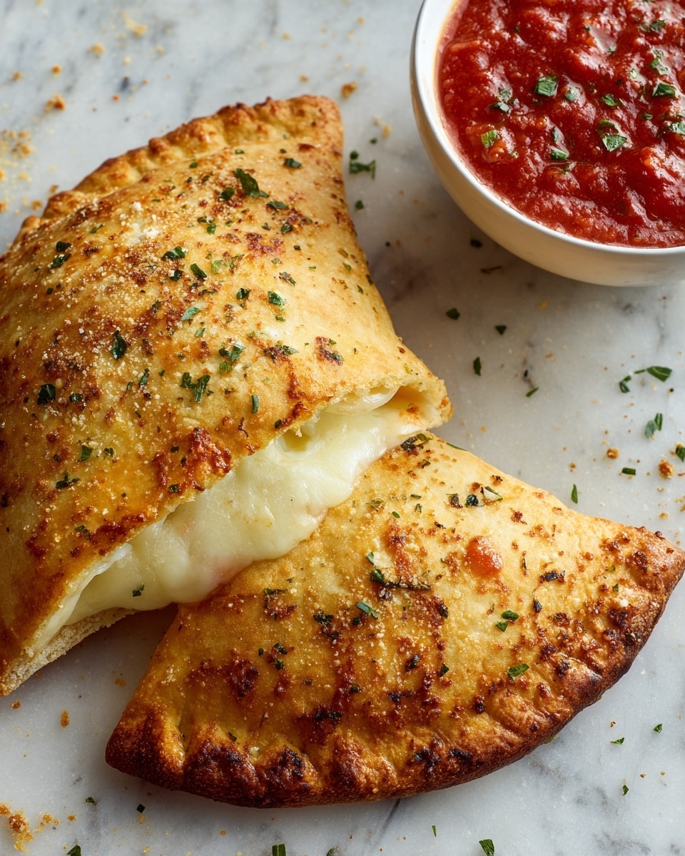 A close-up of two golden baked calzones on a white marbled surface, one calzone is whole with a slightly browned, crispy crust sprinkled with small green herb pieces and fine crumbs, and the other calzone is cut open showing a thick layer of melted white cheese inside. On the upper right corner, part of a white bowl filled with chunky red marinara sauce with visible onion and tomato texture is seen. photo taken with an iphone --ar 4:5 --v 7