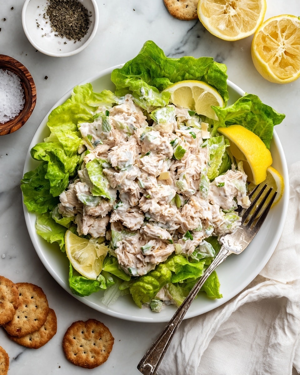square image A white round plate filled with a creamy tuna salad mixed with light green lettuce pieces. On the right side of the plate, there is a silver fork resting slightly on the salad. Around the plate, there are lemon wedges and small bowls of salt and crackers placed on a white marbled surface. Photo taken with an iphone --ar 4:5 --v 7