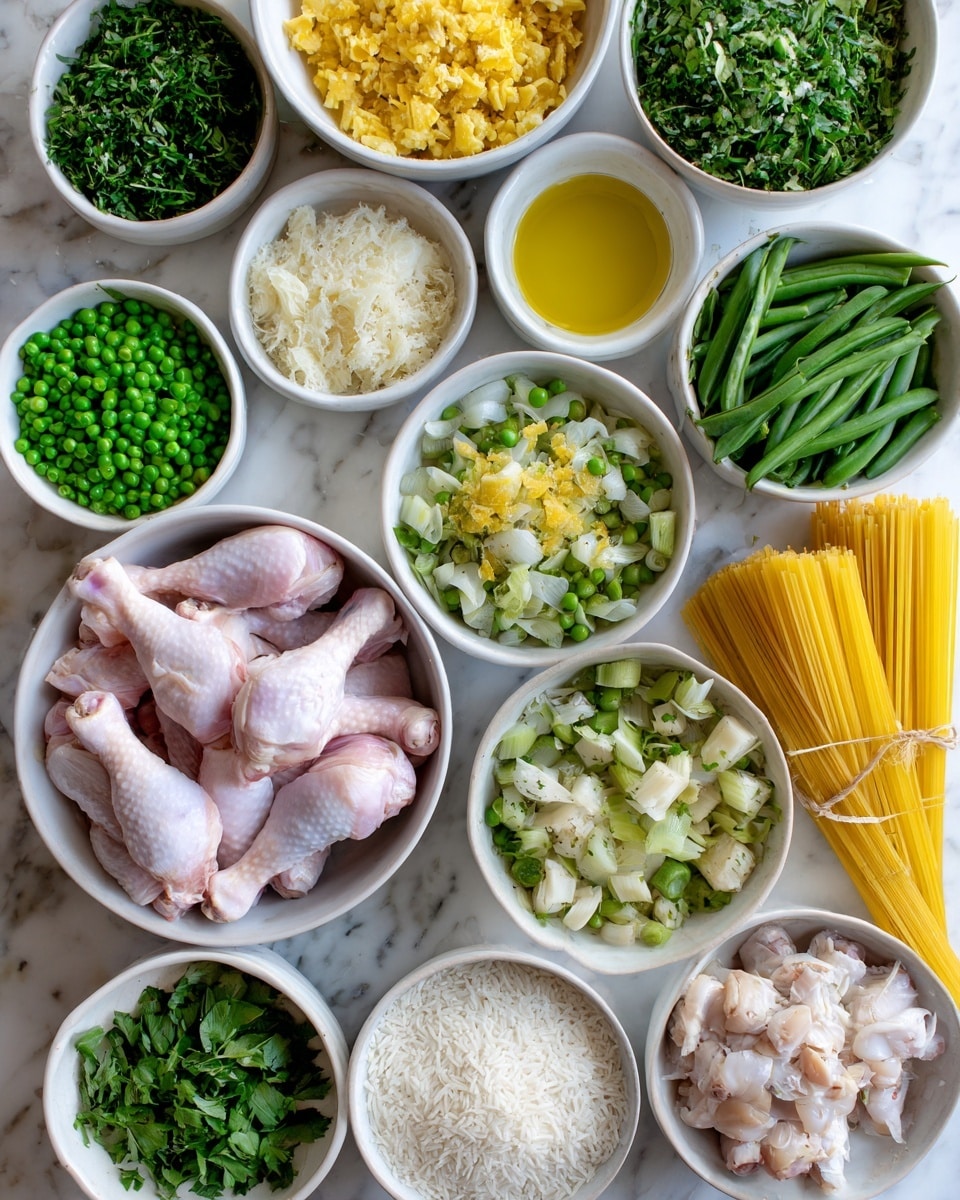 square image The image shows an overhead view of many small white bowls and containers arranged neatly on a white marbled surface. Inside the bowls are various ingredients: bright green chopped herbs, yellow minced garlic, green peas, a bowl of raw chicken drumsticks with pale pink skin, chopped white onions, green beans cut into pieces, and chopped green leafy herbs. There are also small bowls holding white rice, minced ginger, and a light yellow liquid, possibly oil. Near the center-right, two boxes of yellow-colored pasta or noodles are placed at an angle. The bowls and ingredients form a visually balanced pattern with soft natural lighting. photo taken with an iphone --ar 4:5 --v 7