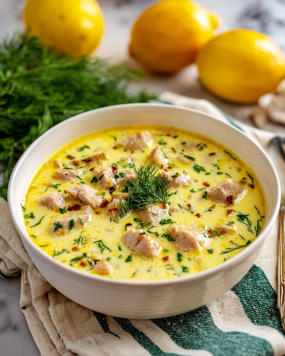 square image A white bowl filled with a creamy yellow soup, visible chunks of light-colored meat and small brown pieces spread throughout. The soup surface has a sprinkle of finely chopped green herbs in the center. The bowl rests on a cloth with green and white stripes, next to whole yellow lemons and a small bunch of fresh green dill. The setting is on a white marbled surface with warm lighting. Photo taken with an iphone --ar 4:5 --v 7