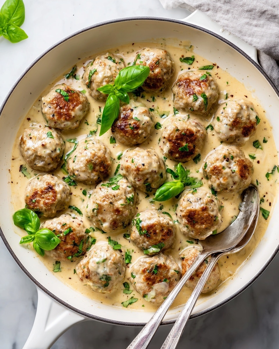 square image The image shows a white skillet filled with about 18 round, light tan meatballs covered in a creamy beige sauce with small specks of herbs and spices. Bright green fresh basil leaves are scattered around the meatballs, adding color contrast. Two silver serving spoons rest on the right side in the sauce. The skillet sits on a white marbled surface. The light is soft and natural, making the sauce look smooth and rich. photo taken with an iphone --ar 4:5 --v 7