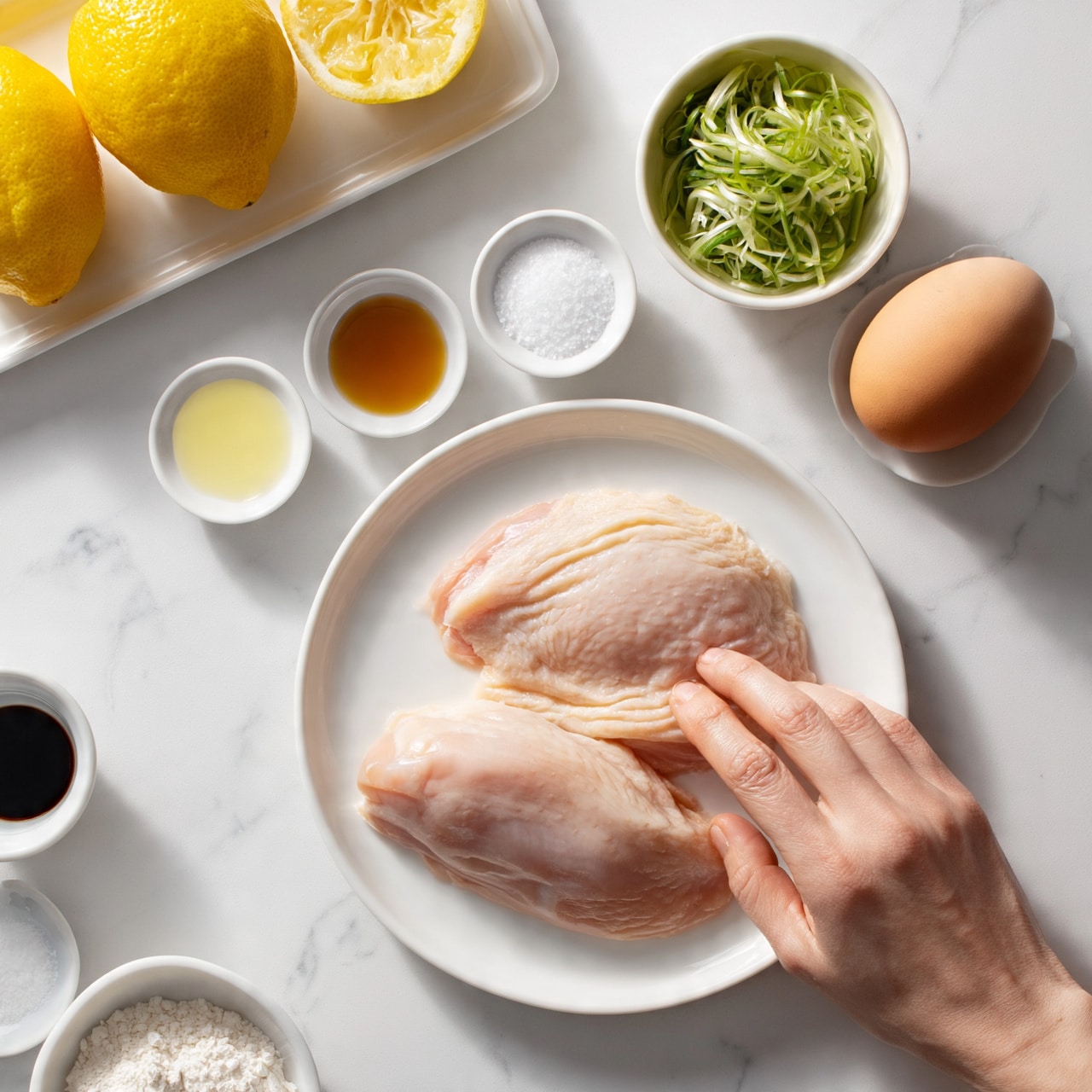 square image The image shows a white plate holding two raw chicken pieces with pale pink color and smooth texture at the bottom center. Above the plate, on a white marbled surface, there is a small white bowl filled with thinly sliced green vegetables on the top right. Next to it, a whole brown egg on a white dish. To the left of the egg, there are small white bowls containing light yellow liquid, golden brown syrup, and white granulated salt. At the top left, a white tray holds two whole bright yellow lemons and two lemon halves showing juicy, textured flesh. Near the bottom left corner, three small white bowls hold a dark liquid, white powder, and white flour. A woman's hand is touching one chicken piece on the plate. photo taken with an iphone --ar 4:5 --v 7