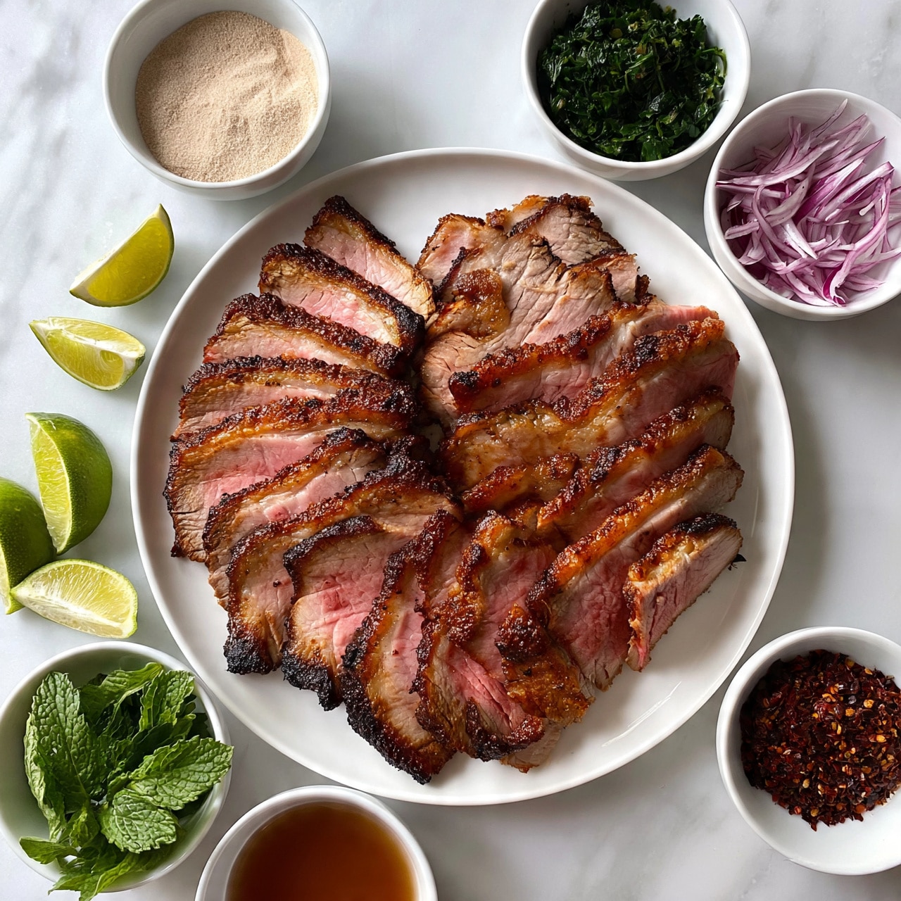 square image A white plate holds a layer of grilled meat slices, showing pink centers with browned and crisp edges, arranged in a slightly overlapping pattern at the center. Surrounding the plate on a white marbled surface are seven small white bowls and lime wedges. The top left bowl contains a light beige powder, the top right bowl is filled with chopped dark green leafy herbs, and below it to the right is a bowl with thin slices of purple onion. On the bottom left is a bowl with fresh mint leaves, beside it are three lime wedges, and nearby is a bowl with brown liquid. The final bowl at the bottom right is filled with dark red crushed chili flakes. The composition is bright and clear with a simple layout, photo taken with an iphone --ar 4:5 --v 7