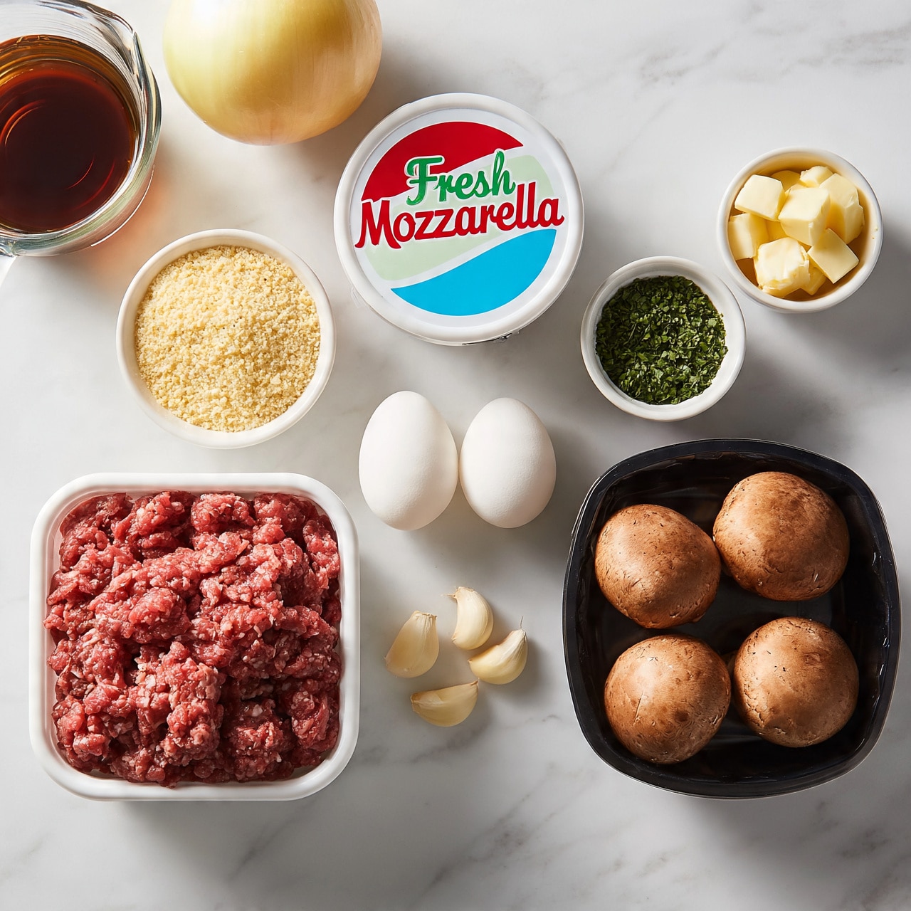 square image The image shows various ingredients laid out on a white marbled surface. On the bottom left is a white container filled with raw ground beef with a rough texture and red color. Next to it are three peeled garlic cloves, and above them are two white eggs placed side by side. Above the eggs is a round white container with a colorful label reading