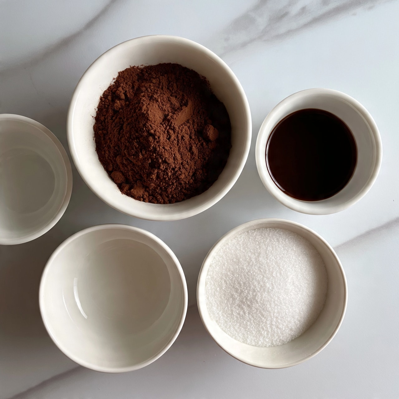 square image The image shows five white bowls arranged on a white marbled surface. The center bowl is filled with dark brown cocoa powder with a slightly uneven texture. To the right, a smaller bowl contains a dark brown liquid, smooth and shiny. Below this, there is a bowl with white granulated sugar, fine and even. On the left, a small empty white bowl sits near another larger empty white bowl. The bowls create a neat, simple layout with contrasting dark and light colors. Photo taken with an iphone --ar 4:5 --v 7