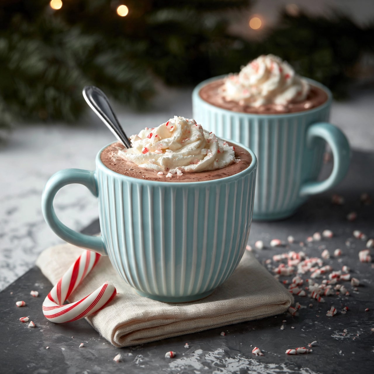 square image Two light blue mugs with vertical ridges are filled with hot chocolate topped with whipped cream and small bits of crushed peppermint candy. One mug is in front on a folded beige napkin, with a silver spoon inside, while the second mug is slightly behind and to the right. The mugs are placed on a dark surface with scattered peppermint pieces and a red and white striped candy cane leaning near the front mug. The background shows dark green pine branches and soft light, with a white marbled texture. photo taken with an iphone --ar 4:5 --v 7