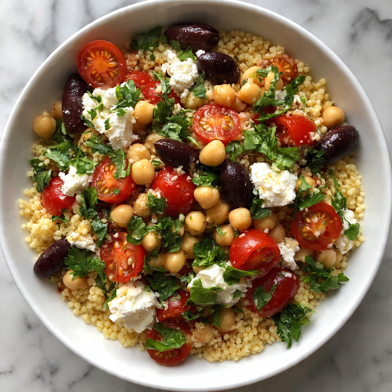 square image A white bowl filled with a colorful salad sits on a white marbled surface. The salad has multiple layers: at the base, small grains of couscous in a light yellow color. Scattered on top are bright red halved cherry tomatoes, round beige chickpeas, and dark purple olives. There are also chunks of white feta cheese and fresh green parsley leaves mixed evenly throughout. The textures vary from soft couscous to firm chickpeas and juicy tomatoes. photo taken with an iphone --ar 4:5 --v 7