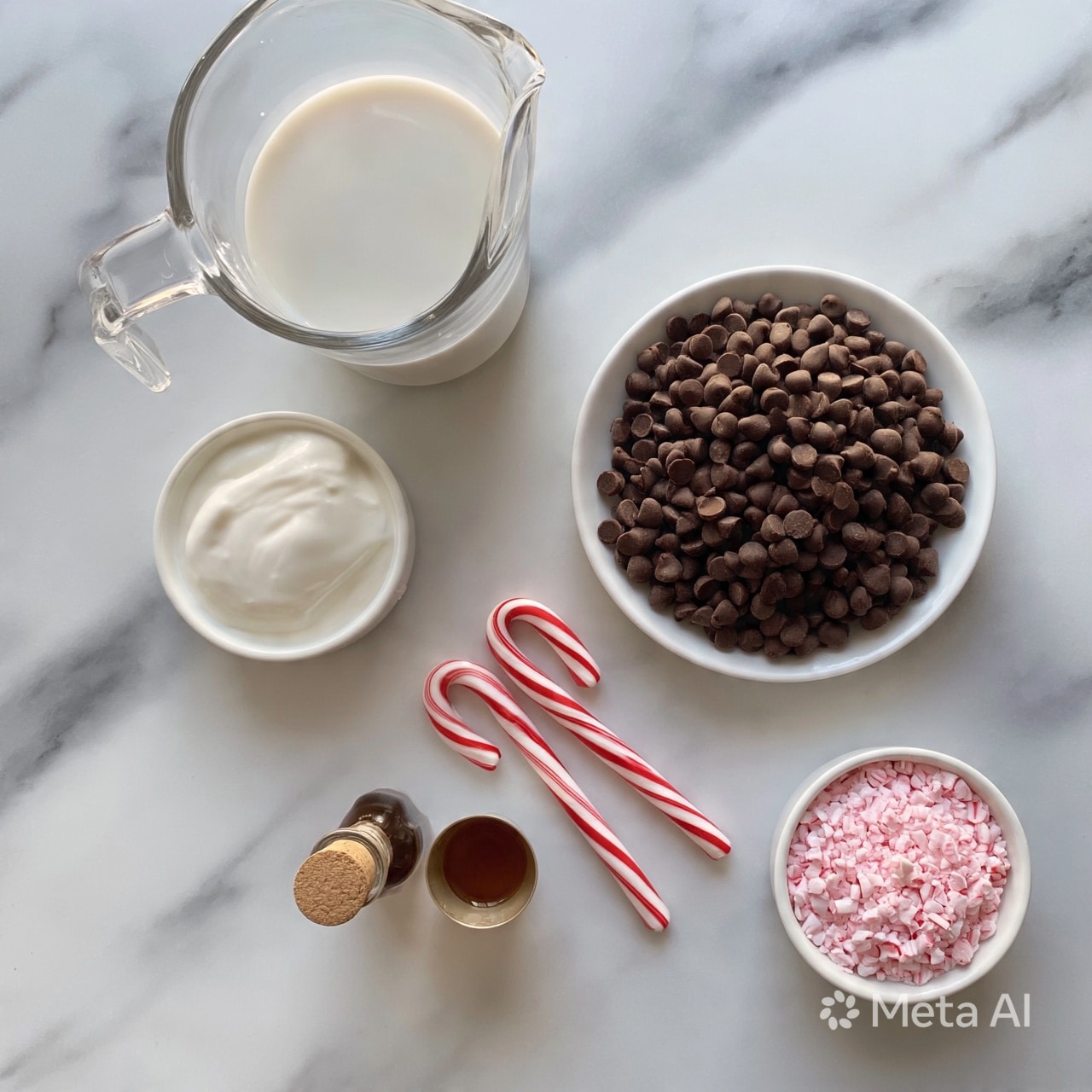 square image The image shows a top view of various ingredients arranged neatly on a white marbled surface. There is a clear measuring jug filled with white milk in the upper left. Below it is a small white bowl filled with white cream. To the right of the cream is a white plate piled high with chocolate chips. In the lower center are two red and white striped candy canes placed diagonally. Below the candy canes is a small syrup bottle with a cork top next to a tiny cup holding brown liquid. In the lower right corner, a white bowl contains crushed pink peppermint pieces. The scene is bright and clean, with a rustic yet organized feel, photo taken with an iphone --ar 4:5 --v 7