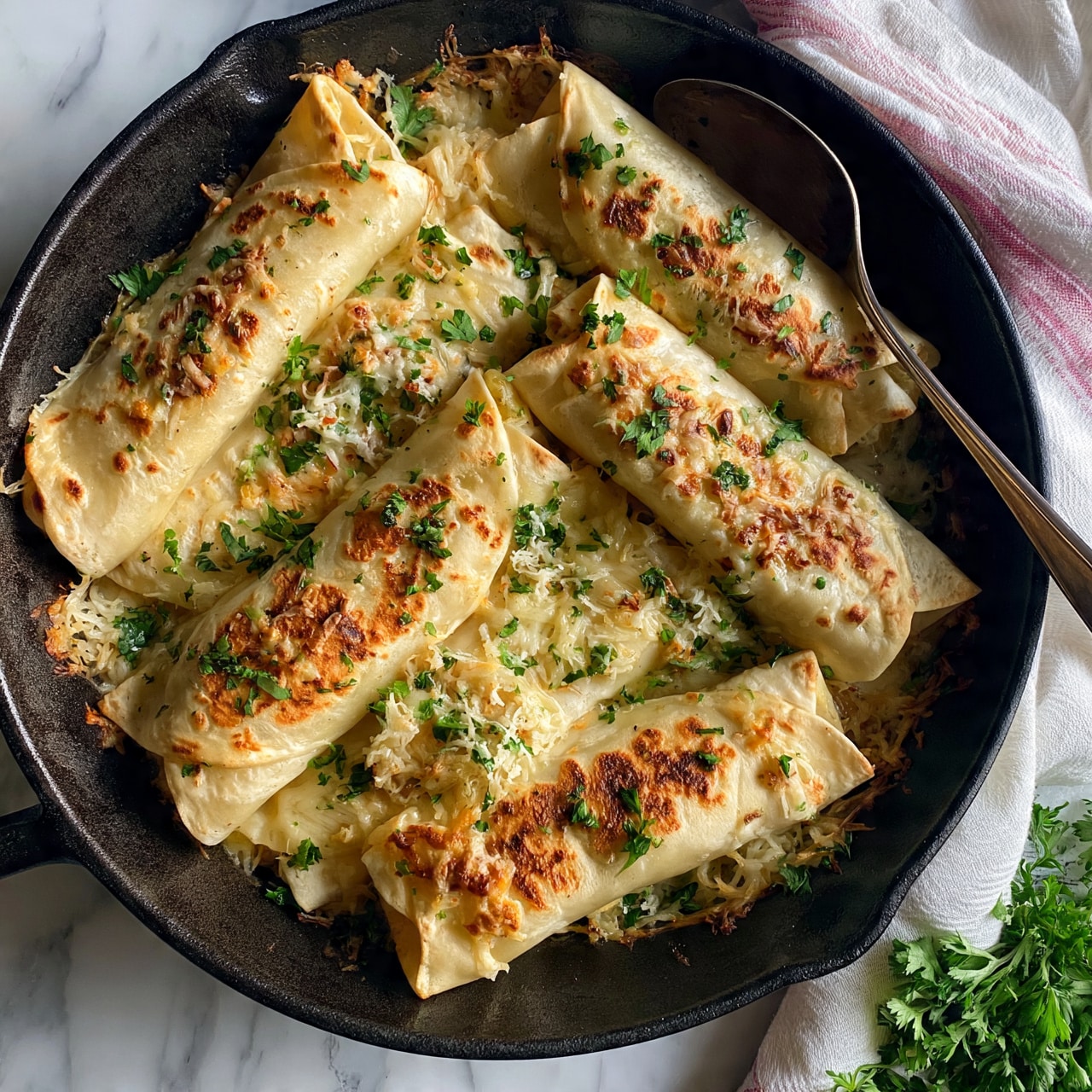 square image A black skillet filled with several rolled taco-shaped pieces, light golden brown with light browning spots, topped with small green herb leaves and scattered shredded cheese melted between layers; a spoon rests on the right side inside the skillet. The skillet sits on a white marbled surface, next to a white cloth with pink stripes and some fresh green herbs near the bottom right corner. Photo taken with an iphone --ar 4:5 --v 7