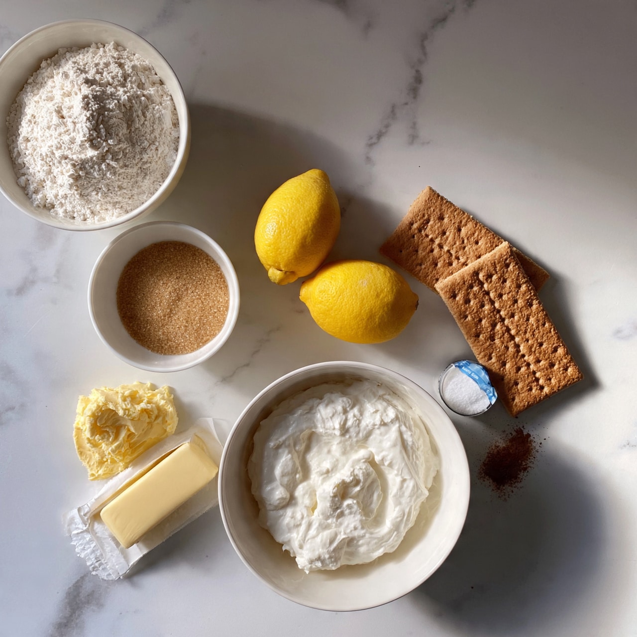 square image The image shows several ingredients placed on a white marbled surface arranged neatly. There is a white bowl filled with white flour on the left side, next to it is a white bowl with a small amount of light brown sugar. Below these is a mound of softened butter, a stick of butter wrapped in paper, and two whole yellow lemons. Near the center, there is a large white bowl filled with thick white cream, and beside it are two large brown graham crackers angled slightly. A small container of baking soda and a pinch of cinnamon powder complete the scene. The whole setup is pure and clean with natural lighting. Photo taken with an iphone --ar 4:5 --v 7
