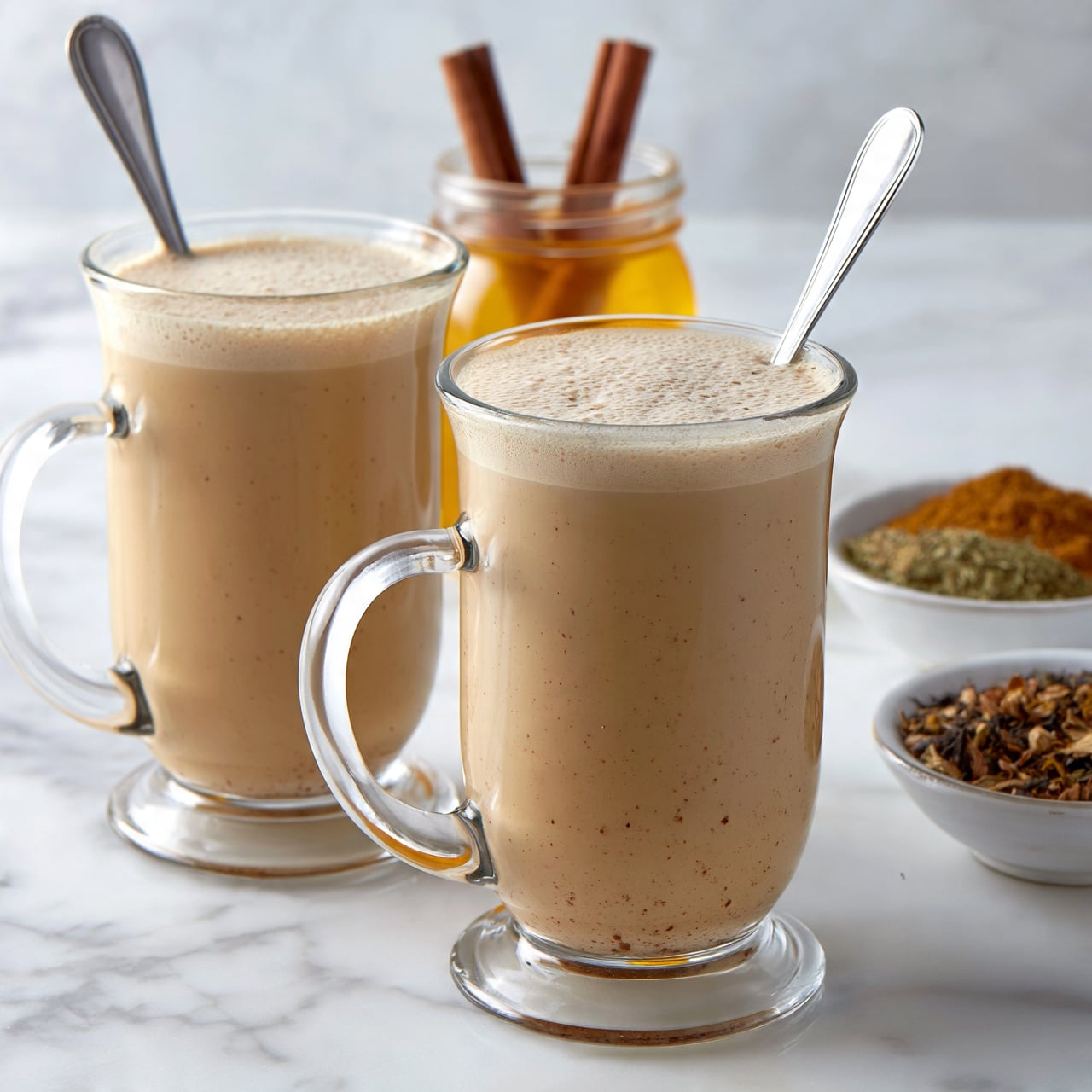 square image The image shows two clear glass mugs filled with light brown creamy chai tea, topped with a smooth frothy layer. Each mug has a silver spoon resting inside. Behind the mugs, there is a small clear jar filled with golden honey and two cinnamon sticks standing inside it. To the right, there are two small white bowls holding loose tea leaves and spices, adding a warm brown and green contrast. The whole scene is set on a white marbled surface, creating a clean and cozy background. photo taken with an iphone --ar 4:5 --v 7