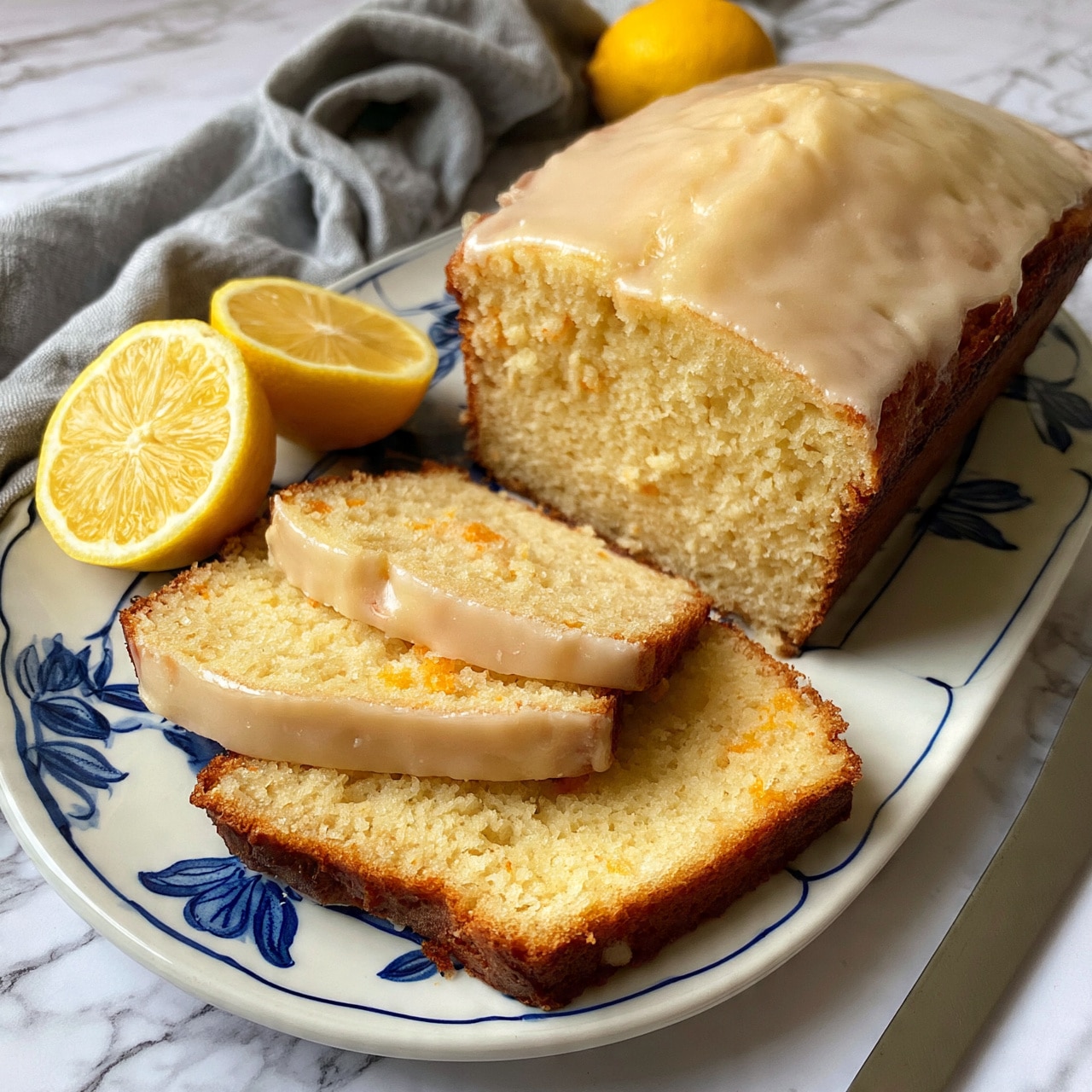 square image A white plate with blue designs holds a loaf of light golden cake, partly sliced with three thick pieces laid in front. The cake has a smooth, shiny light beige icing on top, with a soft and moist look inside, showing tiny orange bits that add color and texture. Next to the plate are two bright yellow lemon halves and one whole lemon, placed on a white marbled surface. A gray cloth is casually draped near the plate, and a plain knife rests nearby. Photo taken with an iphone --ar 4:5 --v 7