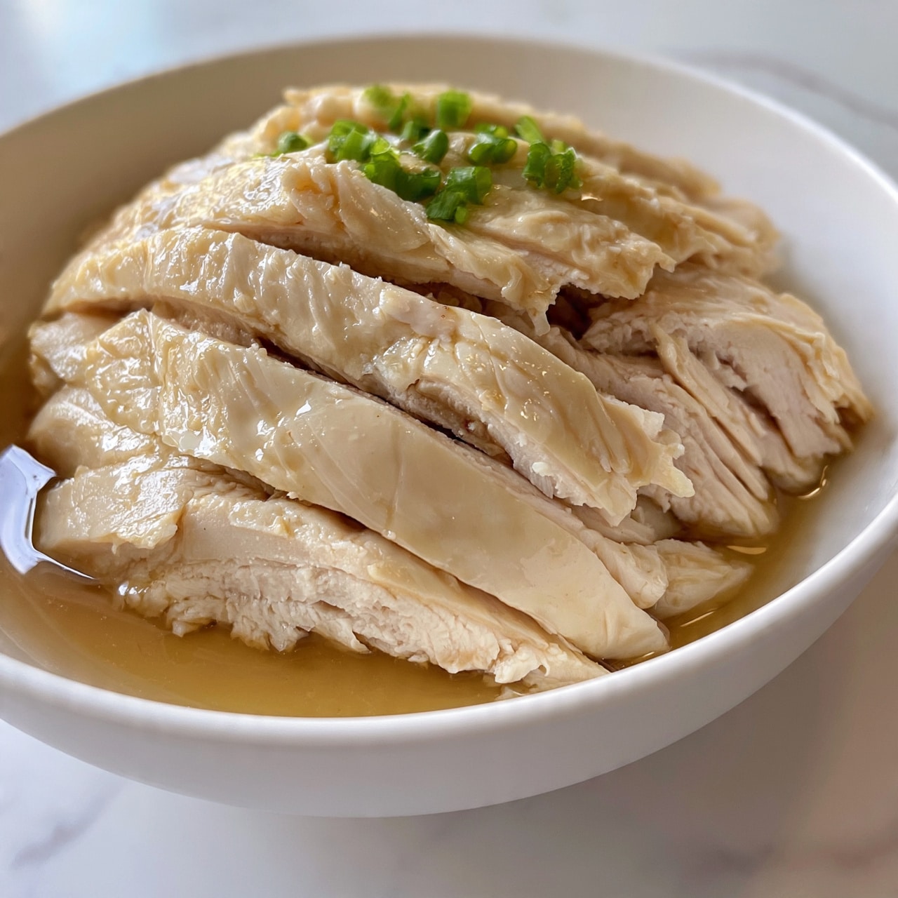 square image The image shows a white bowl filled with sliced cooked chicken arranged in overlapping layers. The chicken is pale with a slightly shiny, moist texture from a light sauce that coats the pieces evenly. Small green onion pieces are sprinkled on top, adding a pop of green color. The sauce looks smooth and slightly oily with a light brownish tint, pooling gently at the bottom of the bowl. The bowl is placed on a white marbled surface. Photo taken with an iphone --ar 4:5 --v 7
