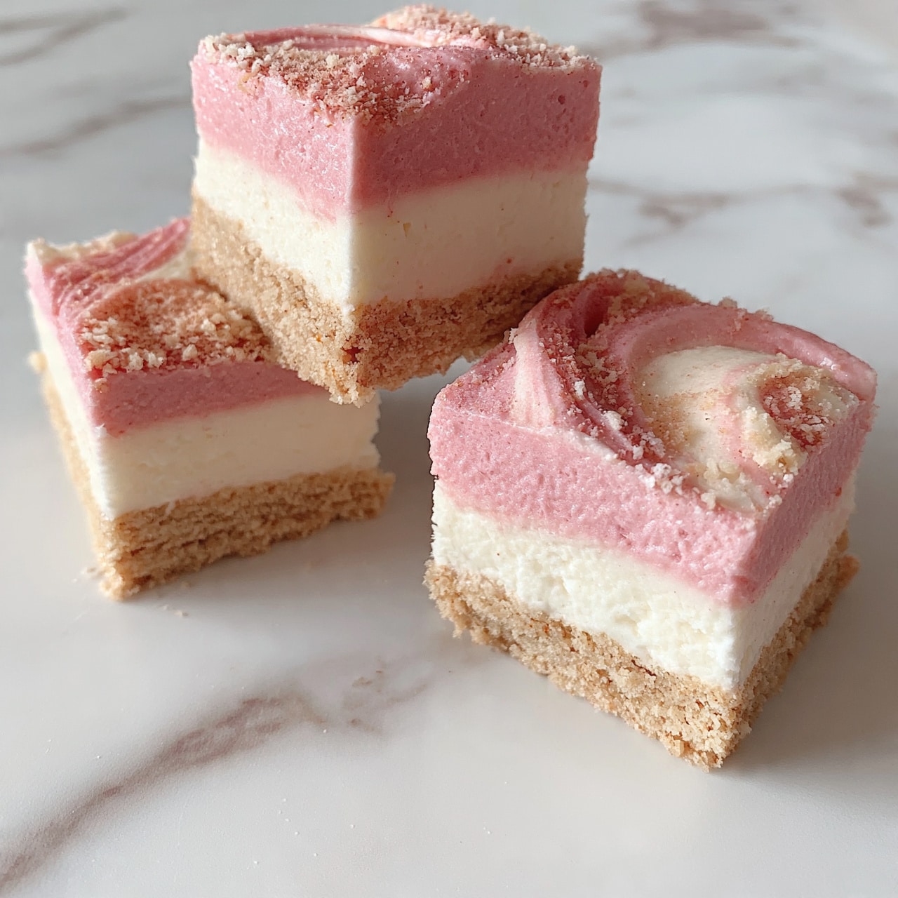 square image The image shows a close-up of three pieces of a pink and white layered dessert on a white marbled surface. The dessert has three visible layers: a thick, crumbly light brown base at the bottom, a creamy, smooth white middle layer, and a top pink layer with a soft and slightly swirled texture, dusted with fine crumbs. One piece is slightly separated from the others, showing clean, straight edges. Photo taken with an iphone --ar 4:5 --v 7square image