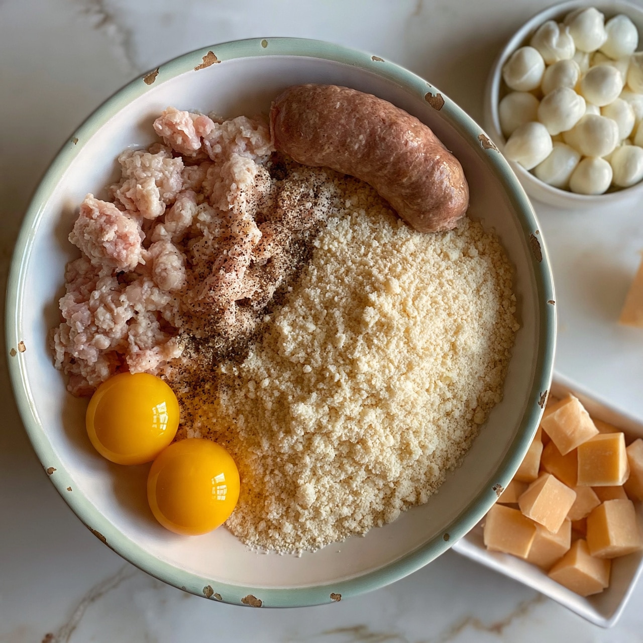 square image In a round white bowl with a light green rim and small chips, there are several ingredients arranged in different sections: light pink ground meat on the left, two whole raw eggs with bright yellow yolks at the bottom left, beige dry breadcrumbs covering a large section in the center, a large brown sausage-shaped meat portion in the top right, and pepper sprinkled mainly over the meat. To the right of the bowl, there is a small round white bowl filled with white mozzarella balls and a square white dish holding light orange cubed cheese, all placed on a white marbled surface. photo taken with an iphone --ar 4:5 --v 7