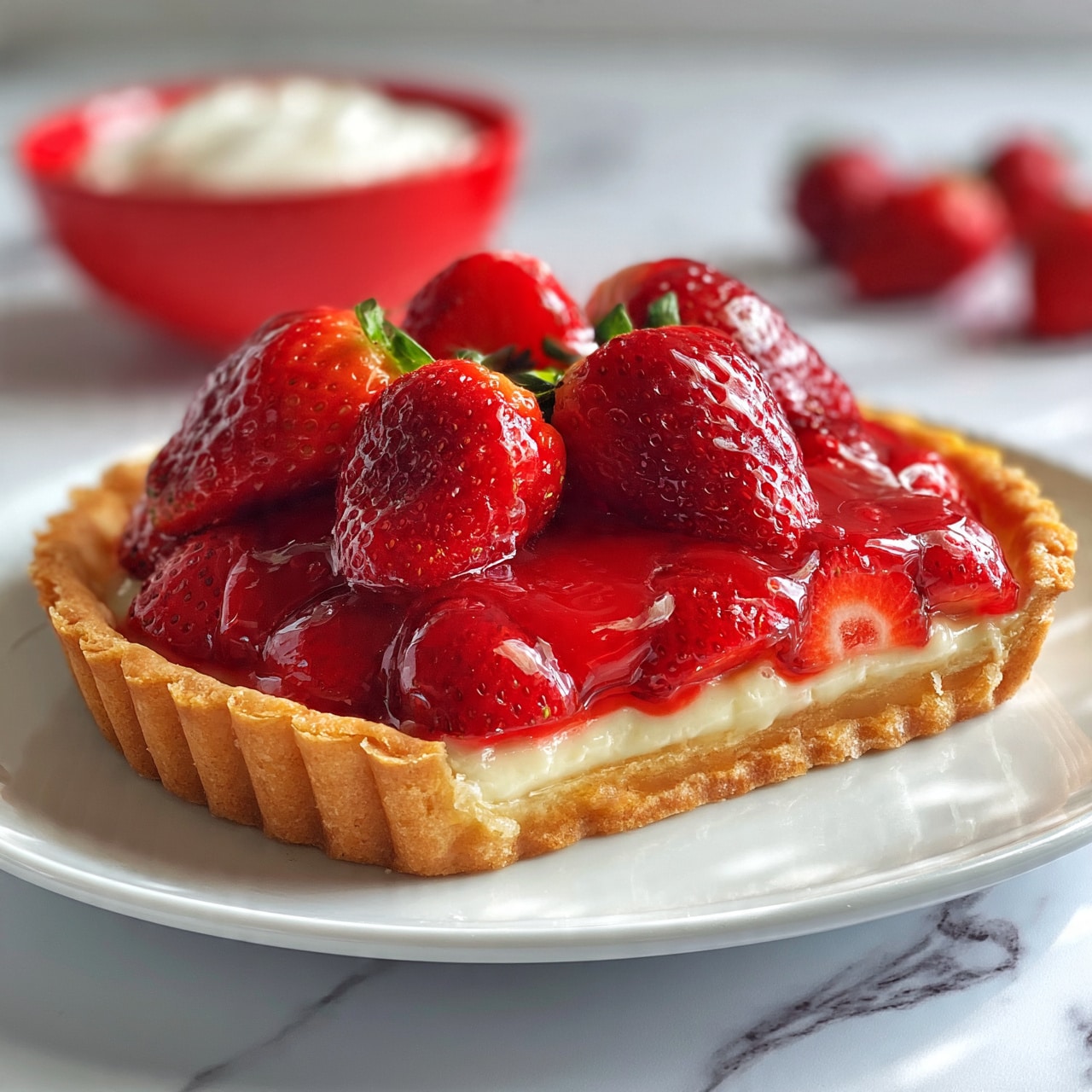 square image A white plate holds a fresh strawberry tart with a golden crust. The tart has three layers: a light creamy filling at the bottom, a middle layer of whole strawberries covered by a shiny red strawberry glaze, and several large, glossy strawberries arranged on top. In the background, a red bowl filled with white cream sits on the white marbled surface along with several fresh strawberries. The scene is bright and colorful with a soft focus on the background. Photo taken with an iphone --ar 4:5 --v 7