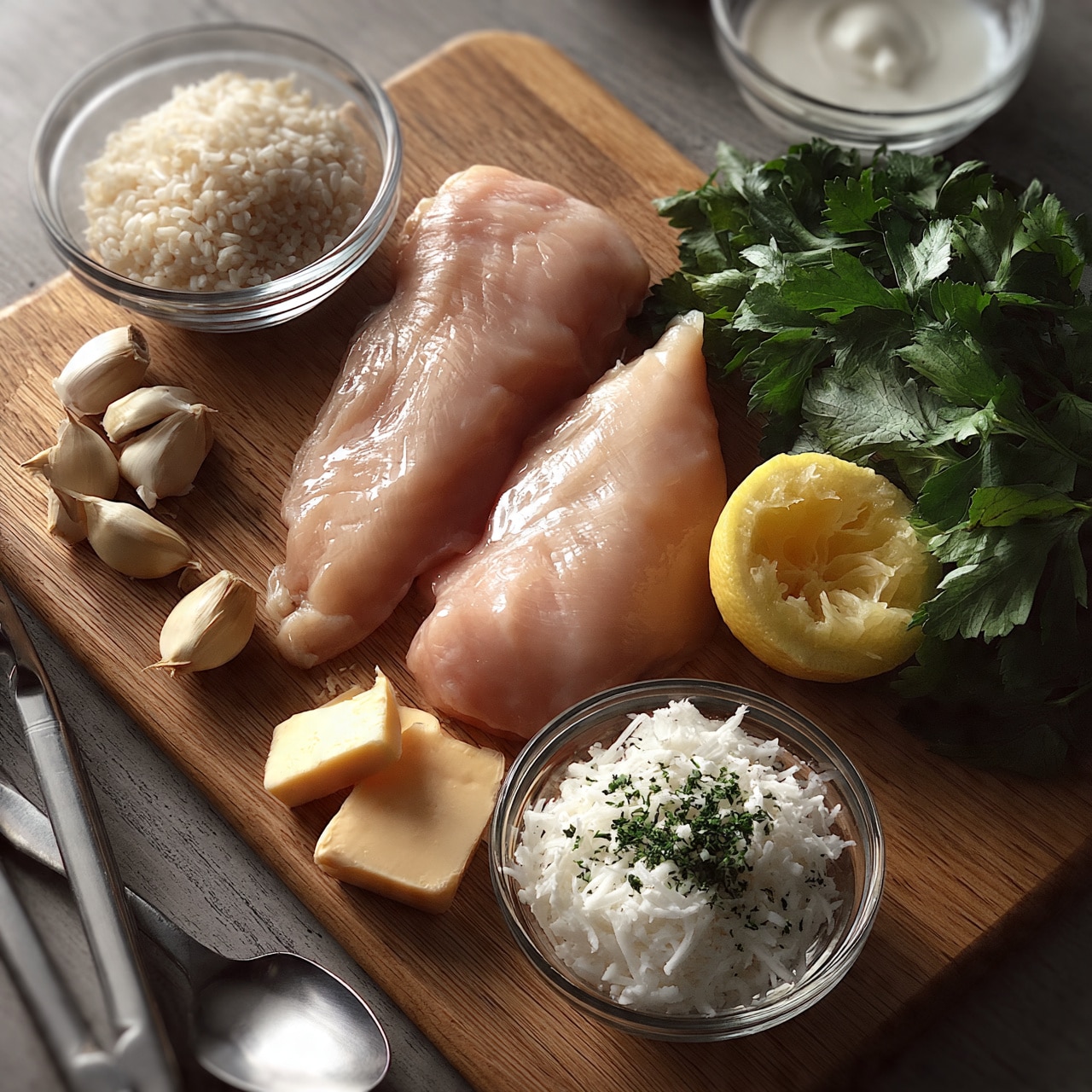 square image The image shows a wooden board with several cooking ingredients neatly placed. There are two raw light pink chicken fillets in the center. To the left, there is a small clear glass bowl filled with white rice grains, and below it, some garlic cloves along with a whole garlic bulb. At the bottom left corner, there are metal kitchen tongs and spoon. In front of the garlic are two small pieces of light yellow cheese, and next to them, a small clear glass bowl with white shredded cheese sprinkled with green herbs. To the right of the chicken fillets, there's a squeezed yellow lemon half and a big bunch of green leafy parsley. On the upper right corner, a small clear glass bowl holds white sauce or yogurt. The surface under everything is a wooden board. photo taken with an iphone --ar 4:5 --v 7
