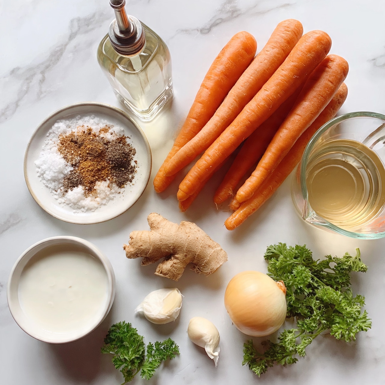 square image The image shows several cooking ingredients placed on a white marbled surface. On the right, there is a pile of fresh orange carrots with smooth texture, next to a clear measuring cup filled with light golden liquid. To the left of the carrots, a small round white plate holds a mix of coarse salt and ground spices in brown and black tones. Above this, a tall clear bottle with a metal spout contains a light oil. At the bottom left, a small white cup is filled with a thick white liquid. Below the carrots, there is a piece of light brown ginger root, two cloves of garlic with smooth white skin, a small round yellow onion, and some fresh green parsley with curly leaves scattered around. Photo taken with an iphone --ar 4:5 --v 7