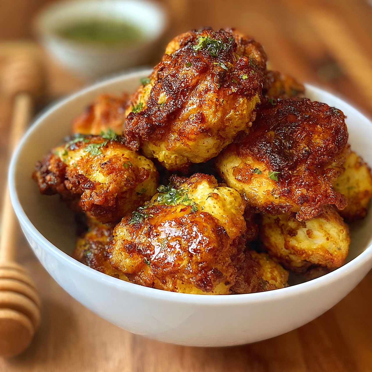 square image The image shows a white bowl filled with several pieces of golden-brown, seasoned, cooked chicken bites that have a slightly crispy and shiny texture, sprinkled with small green herb bits on top. The bowl is placed on a wooden surface with a honey dipper lying nearby and a small bowl with a green sauce blurred in the background. The overall look is warm and inviting, with the cooked chicken pieces piled to fill the bowl completely photo taken with an iphone --ar 4:5 --v 7