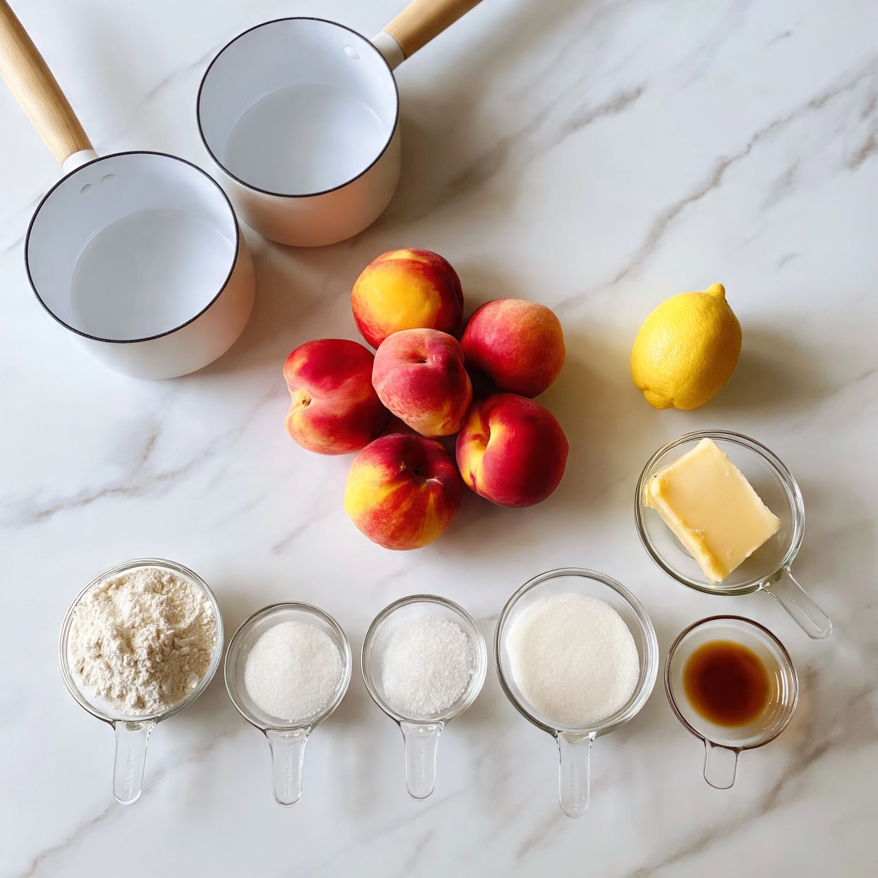 square image The image shows a top view of ingredients neatly arranged on a white marbled surface. There are two white saucepans with light wooden handles placed at the top left. In the center and slightly to the left, there are several red and orange peaches and nectarines grouped together. To the right of the fruits, there is a bright yellow lemon. Along the bottom and right side, various small glass bowls and measuring cups hold white powdery flour, a few white granulated salt and sugar portions, pale golden butter, and a brown vanilla extract. All items are spaced evenly and organized clearly. Photo taken with an iphone --ar 4:5 --v 7