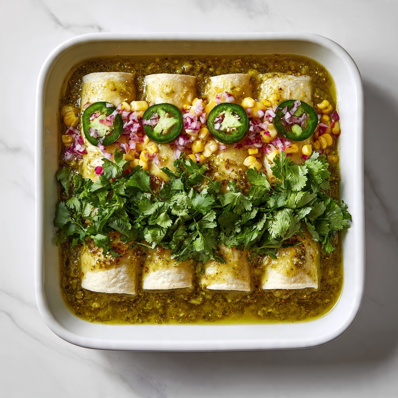 square image The dish shows a close-up of a baking dish filled with rolled tortillas covered in a green sauce. The tortillas are rolled and placed side by side in one layer, with the green sauce soaking around them inside the white baking dish. The top layer has slices of green jalapeño peppers arranged on the tortillas, along with sprinkled diced red onions and pieces of yellow corn. Fresh green cilantro leaves are scattered generously on top, creating a fresh and colorful look. The sauce appears thick and slightly oily around the edges. The whole scene is set on a white marbled surface. Photo taken with an iphone --ar 4:5 --v 7