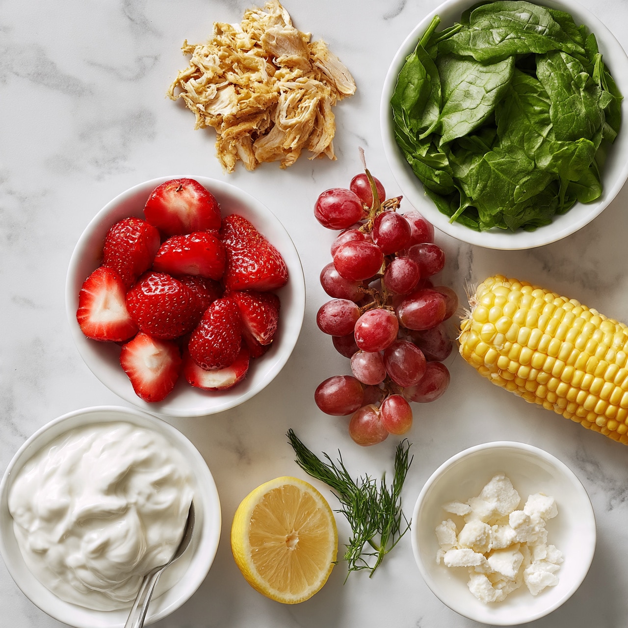 square image The image shows eight white plates and bowls arranged on a white marbled surface. At the top center, there is a small pile of shredded light brown chicken. To the right, a heap of fresh green spinach leaves sits in a white bowl. Below the chicken, a white bowl holds bright red halved strawberries. Next to it on the right, a bunch of reddish-purple grapes rests directly on the surface. To the right of the grapes, there is a whole yellow corn on the cob. At the bottom left, a white bowl contains thick white yogurt with a spoon inside. In the center bottom, a lemon half sits next to a few sprigs of green dill. On the bottom right, a white bowl contains small white chunks of cheese. Photo taken with an iphone --ar 4:5 --v 7