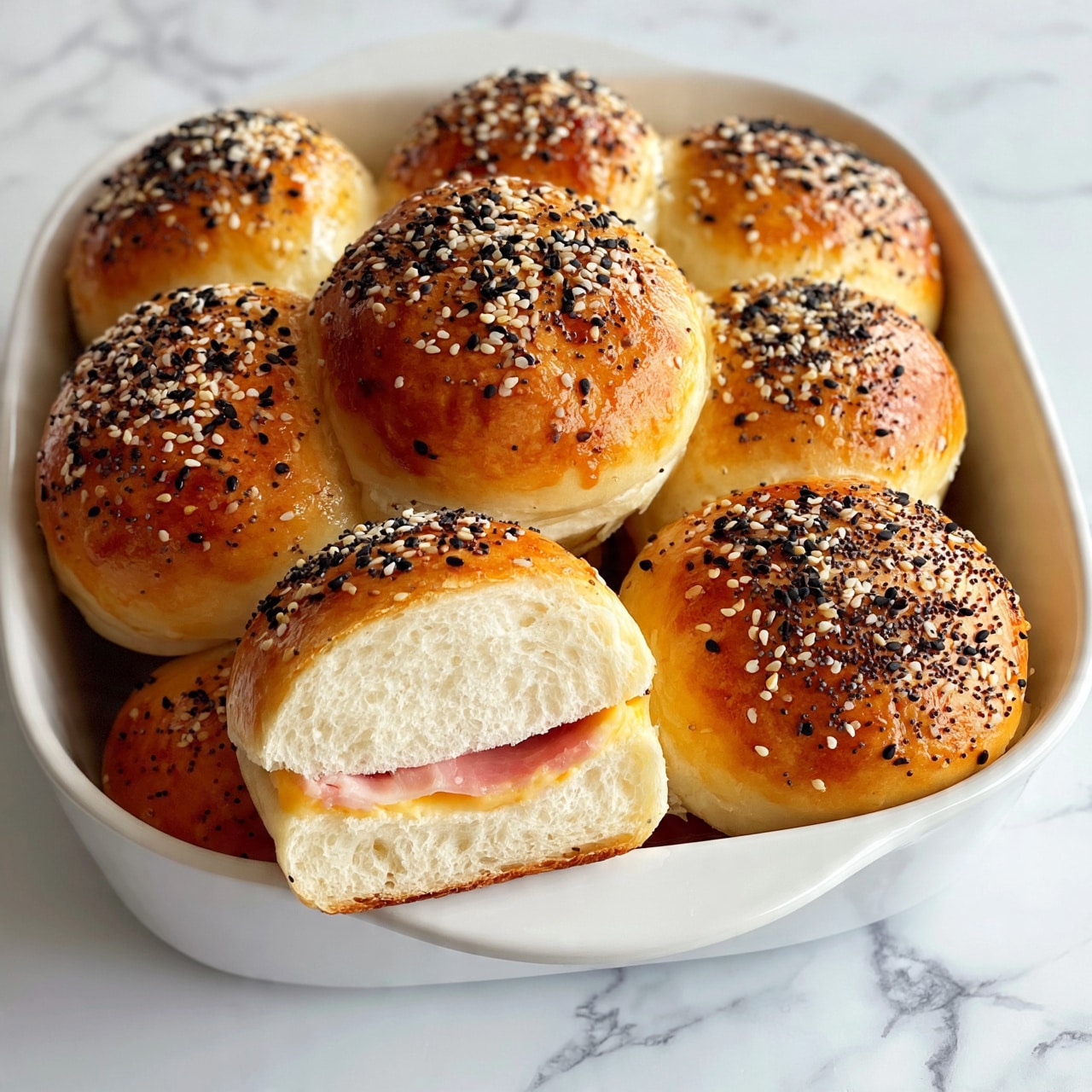 square image The image shows a white baking dish filled with eight golden-brown bread rolls topped with black and white sesame seeds and poppy seeds. The rolls are soft and slightly shiny from a glaze, with a textured surface from the seeds on top. One roll in the front has been pulled away slightly, showing three layers inside: a soft white bread layer on the top and bottom, and a layer of ham and cheese in the middle. The dish is placed on a white marbled surface. Photo taken with an iphone --ar 4:5 --v 7