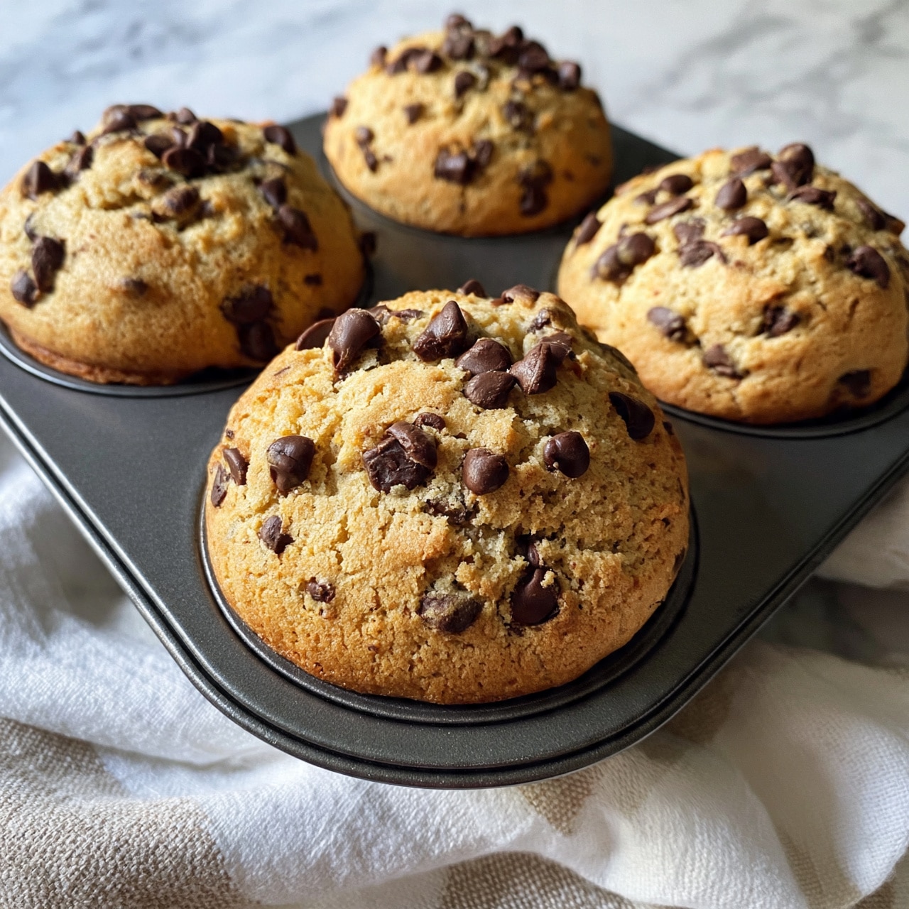 square image A close-up view of six round cookies with a slightly rough, golden brown surface filled evenly with small dark chocolate chips, resting inside a dark metal muffin pan on a soft white and beige striped cloth. The cookies have a light crumbly texture with visible cracks and chocolate chip chunks on top. The background is a white marbled texture. Photo taken with an iphone --ar 4:5 --v 7