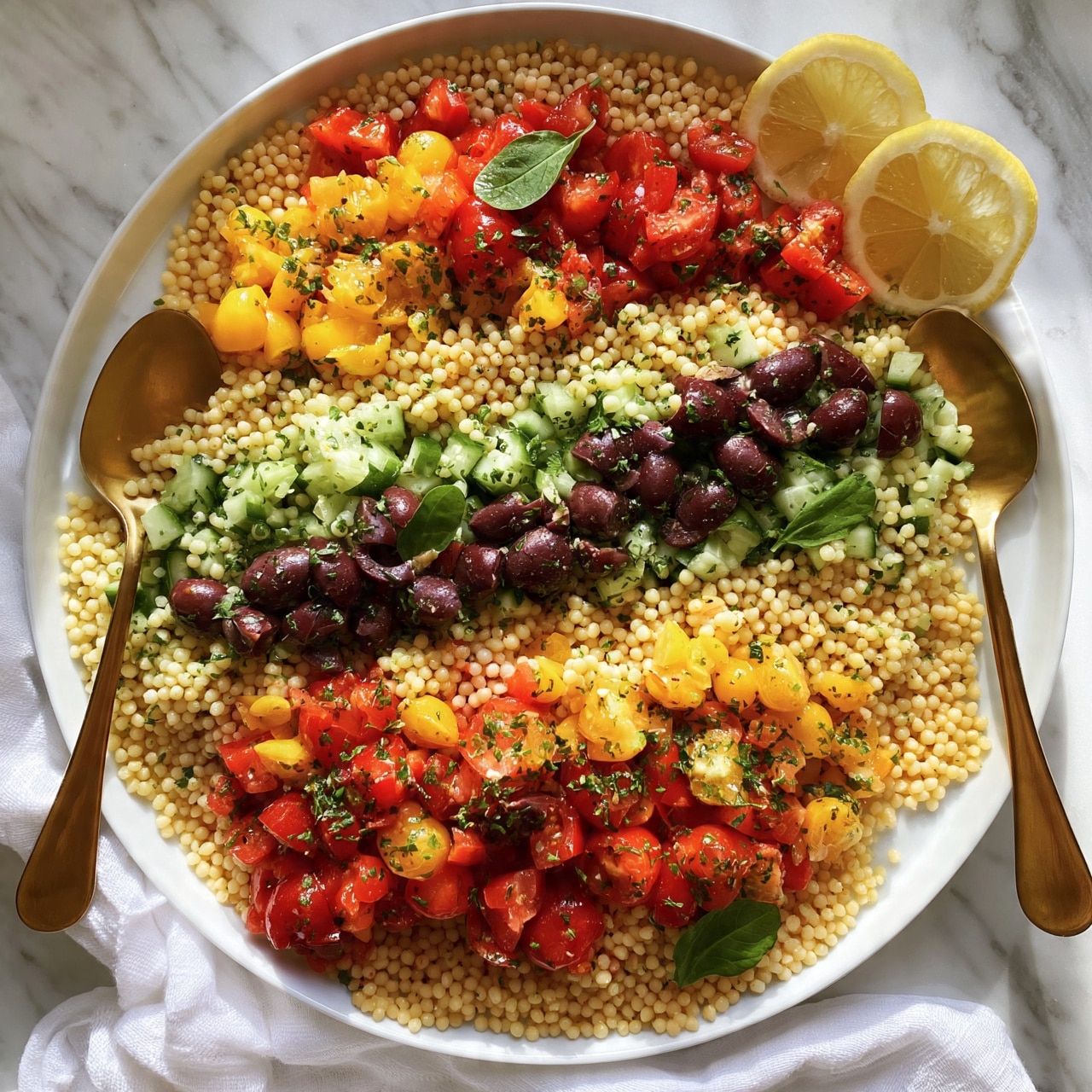 square image A large white plate filled with a colorful couscous salad showing three main layers: a base of small, round, pale yellow couscous pearls, mixed with chopped layers of bright red and yellow cherry tomatoes, dark purple olives, and fresh green cucumber pieces. The salad is garnished with small green leaves and finely chopped herbs evenly spread throughout. Two gold spoons are placed on the sides of the plate, and two lemon slices are arranged on the top right edge. The plate is set on a white marbled surface with a white cloth partially underneath, giving the scene a fresh and bright look. Photo taken with an iphone --ar 4:5 --v 7