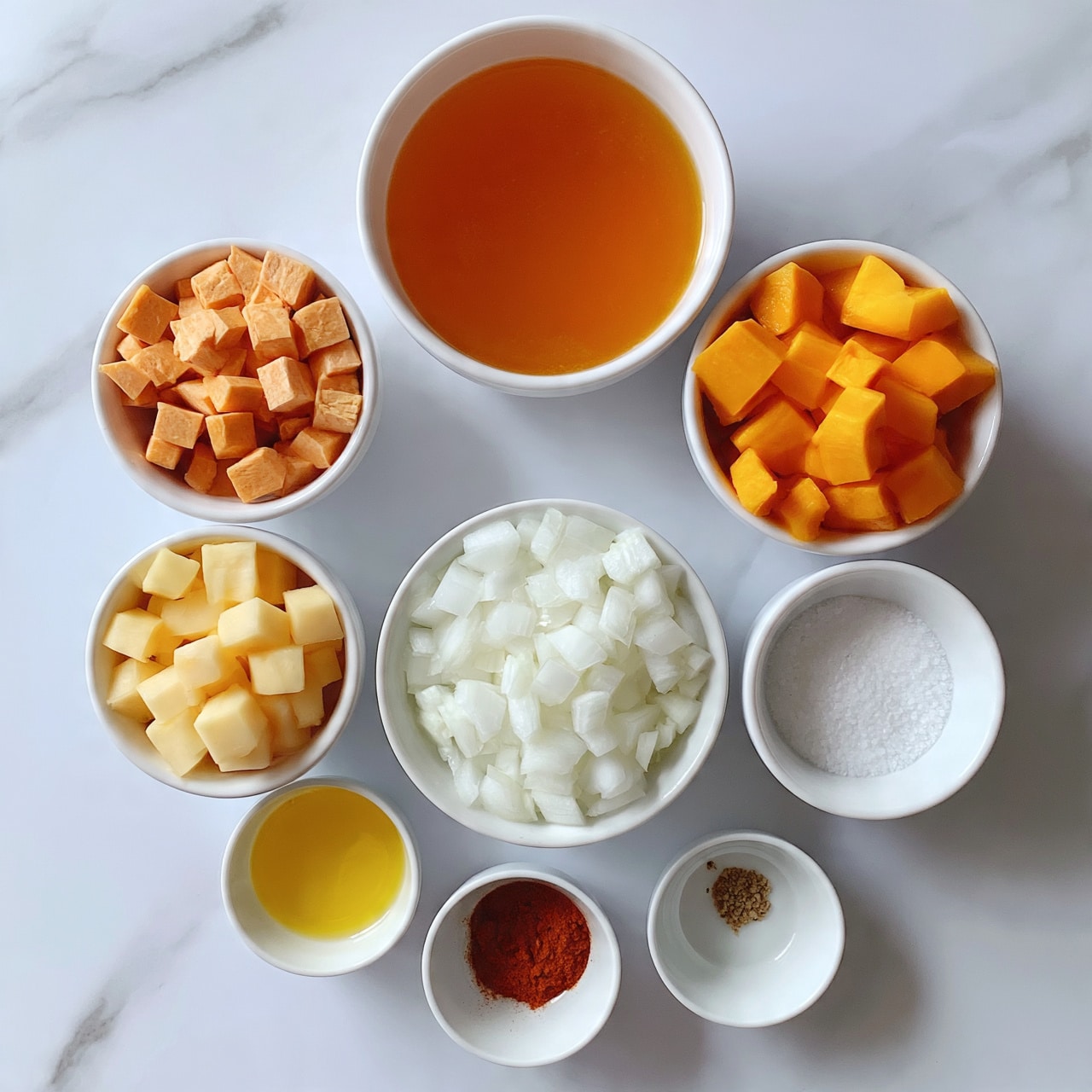 square image In the image, there are eight small white bowls placed on a white marbled surface, each holding different ingredients. At the top center, a larger bowl contains a transparent orange liquid, likely broth. Below it, to the left, a bowl is filled with small cubes of light orange sweet potatoes, and to the right, another bowl holds slightly larger cubes of a deeper orange vegetable, possibly butternut squash. Below these, a bowl with pale yellow cubes sits on the left side, and a bowl filled with finely chopped white onions is centered. To the left, a small bowl contains a yellow liquid, likely oil, while to the right of the onions, a bowl holds a heap of fine white granules, probably salt. The bottom row has two tiny bowls; one with a reddish powder, likely paprika, and the other with a small brownish powder, possibly a spice. Photo taken with an iphone --ar 4:5 --v 7