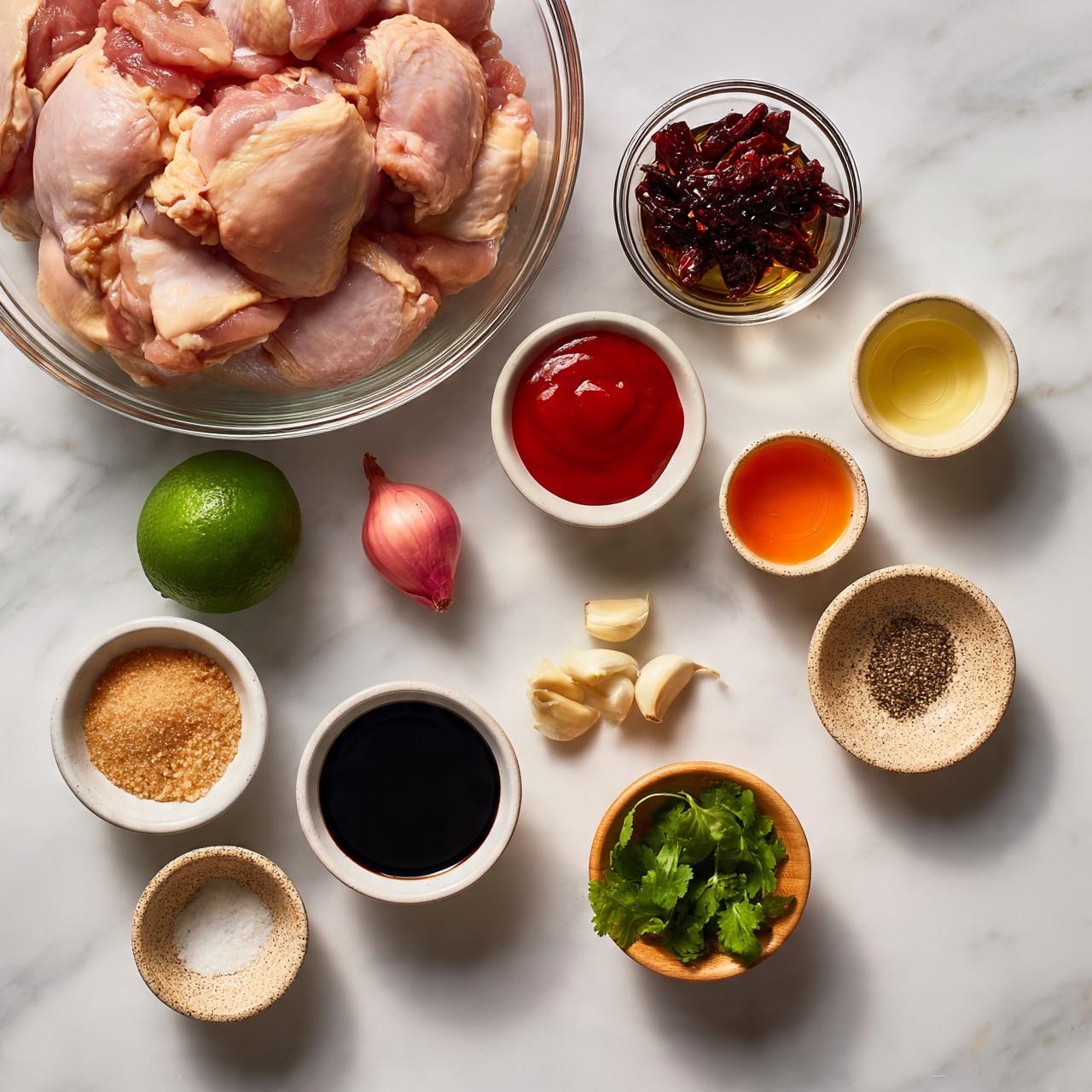 square image A flat lay of raw ingredients on a white marbled surface, with a large clear glass bowl filled with pale pink raw chicken thighs positioned at the top left. To the right of this bowl, there is a small clear bowl holding dark red dried peppers in oil. Below this, a whole green lime lies next to a small white bowl filled with bright red ketchup. Further below are small white and beige bowls with light brown sugar and black soy sauce, with a trio of peeled garlic cloves nearby. A small wooden bowl of fresh green cilantro stands near the bottom right. Scattered around are more small bowls, one with light yellow oil, another with orange honey, and two speckled beige bowls containing salt and ground black pepper. Near the center is a small shallot with pinkish skin. The photo taken with an iphone --ar 4:5 --v 7