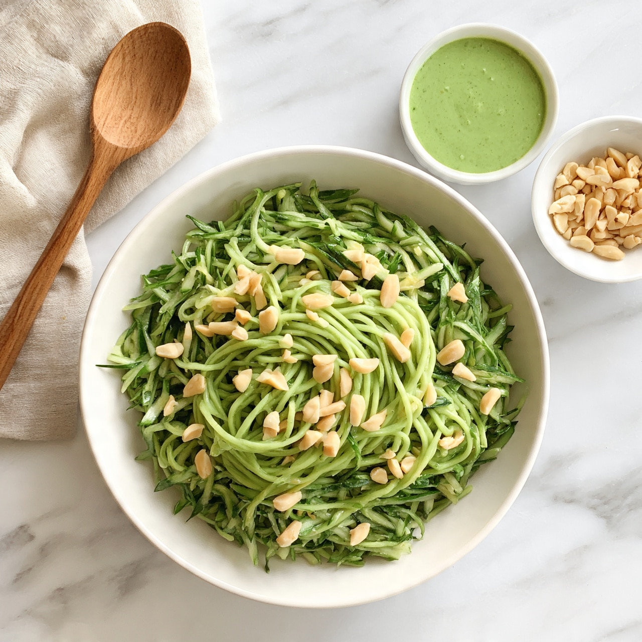 square image A white bowl filled with a green salad made of thin green noodles and finely sliced green vegetables, topped with scattered light beige nuts. Next to the bowl, there is a small white bowl containing a smooth, light green sauce, and another small white bowl with more nuts. A wooden spoon lies on a white marbled surface beside a beige cloth napkin. The scene is softly lit with natural light, giving a fresh and clean look. Photo taken with an iphone --ar 4:5 --v 7