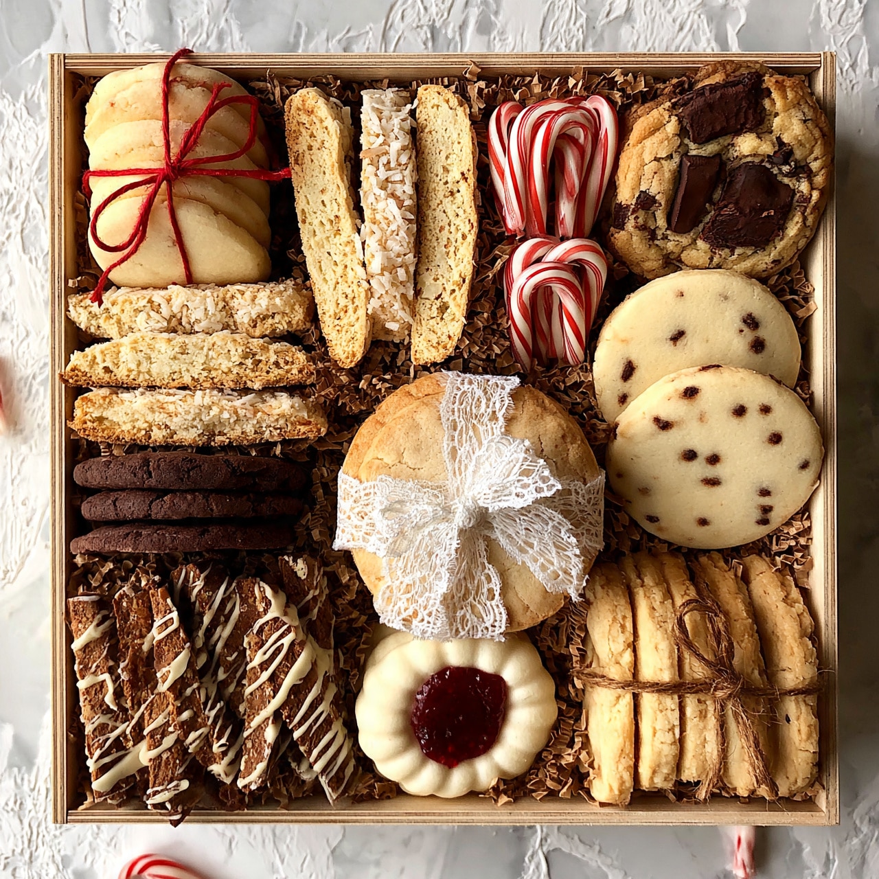square image The image shows a rectangular wooden box filled with a variety of cookies and candies arranged in neat sections on brown shredded paper. On the top left, there is a stack of round pale cookies tied with red string. Next to them, to the right, are four almond biscotti with a light tan color and coconut flakes on top. To the right of the biscotti, there are five small red and white striped candy canes standing upright. At the top right corner, there is a large cookie with dark chocolate chunks. Below that cookie, there is a pale round cookie with small dark brown spots. Below the coconut biscotti on the left, there is a stack of dark brown chocolate cookies. In the lower left corner, there is a pile of brown biscotti drizzled with white icing. In the center, there is a large round cookie tied with a white lace ribbon. Below it, slightly to the right, there is a white round cookie with a red jam center. On the lower right, there is a bundle of light tan cookies tied with brown string. The box is placed on a white marbled textured surface with a few small candy canes scattered around. photo taken with an iphone --ar 4:5 --v 7