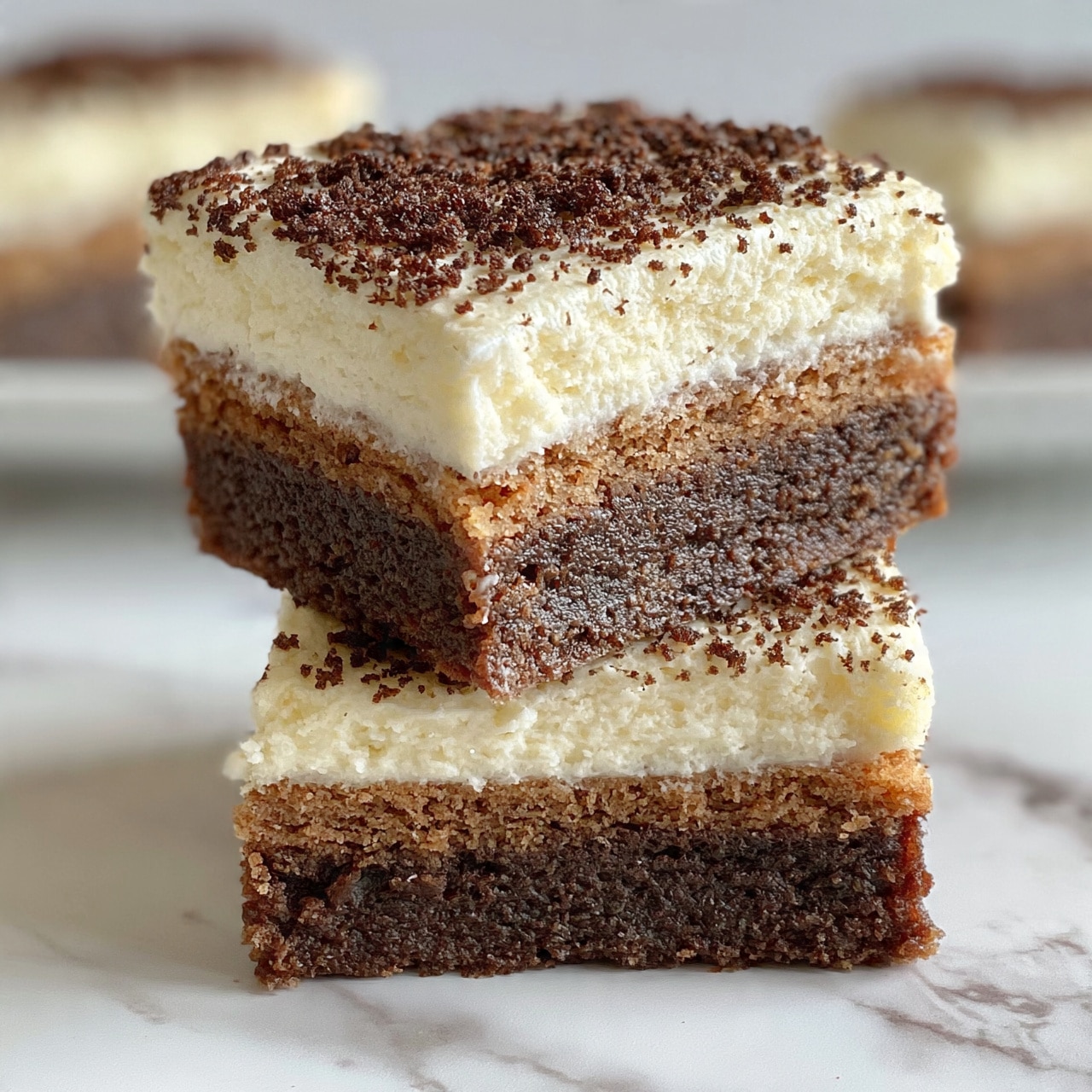 square image The image shows two stacked pieces of layered dessert on a white marbled surface. Each piece has three main layers: the bottom layer is dark brown and rich, looking moist and dense, the middle layer is lighter brown with a soft, cake-like texture, and the top layer is thick and creamy white with a smooth texture. On top of the cream layer, there is a sprinkle of fine dark brown crumbs, adding contrast. The pieces are cut cleanly, showing the clear separation of each layer. The background includes blurred similar dessert pieces. Photo taken with an iphone --ar 4:5 --v 7
