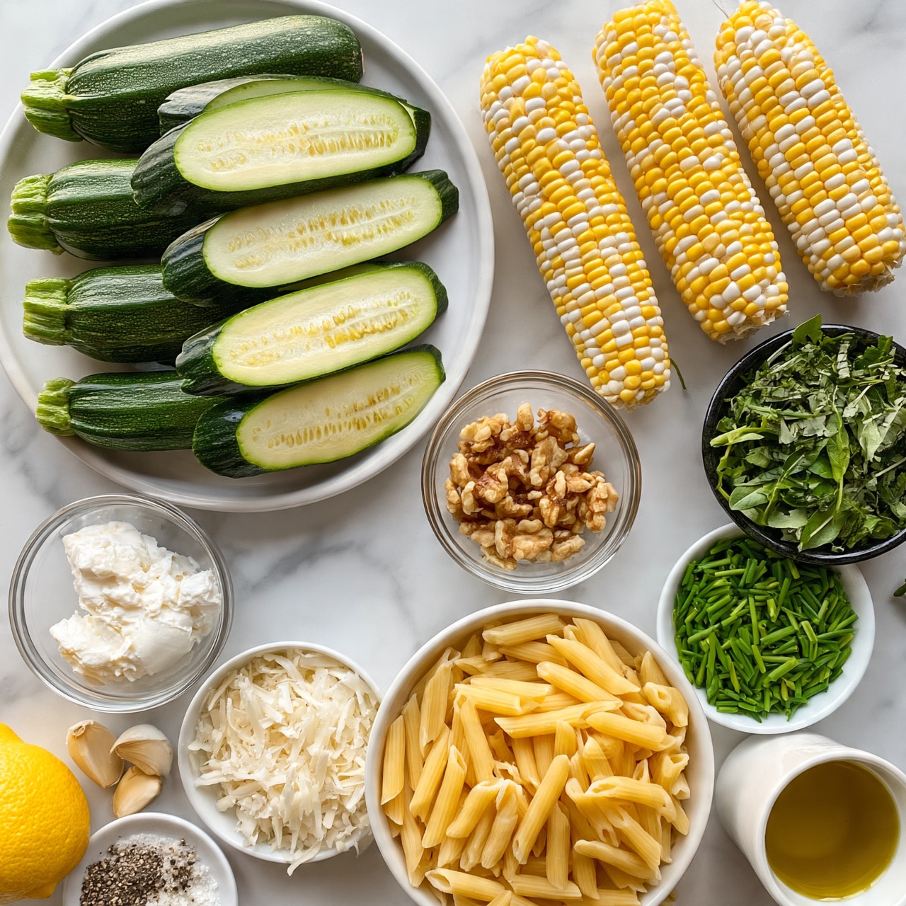 square image A white plate on the top left holds six zucchinis, three whole and three sliced in half lengthwise showing light green inside and dark green skin, all stacked in a scattered way. To the right, three yellow and white cobs of corn lie side by side directly on a white marbled surface. Below the corn, a small clear glass bowl contains chopped walnuts. On the bottom right, a white bowl is filled with dry penne pasta, light yellow and smooth. Next to the pasta, a white bowl shows bright green chopped chives, finely cut. Above that, a black bowl contains a mix of various fresh green herbs and leaves. Below the zucchinis, a small clear glass bowl has white soft cheese. Near it, a white bowl holds shredded white cheese. On the bottom left corner, a whole lemon with yellow skin, two garlic cloves, and a white bowl with mixed salt and pepper are arranged. Finally, a white cup with golden olive oil is placed at the bottom right side, all on a clean white marbled surface photo taken with an iphone --ar 4:5 --v 7