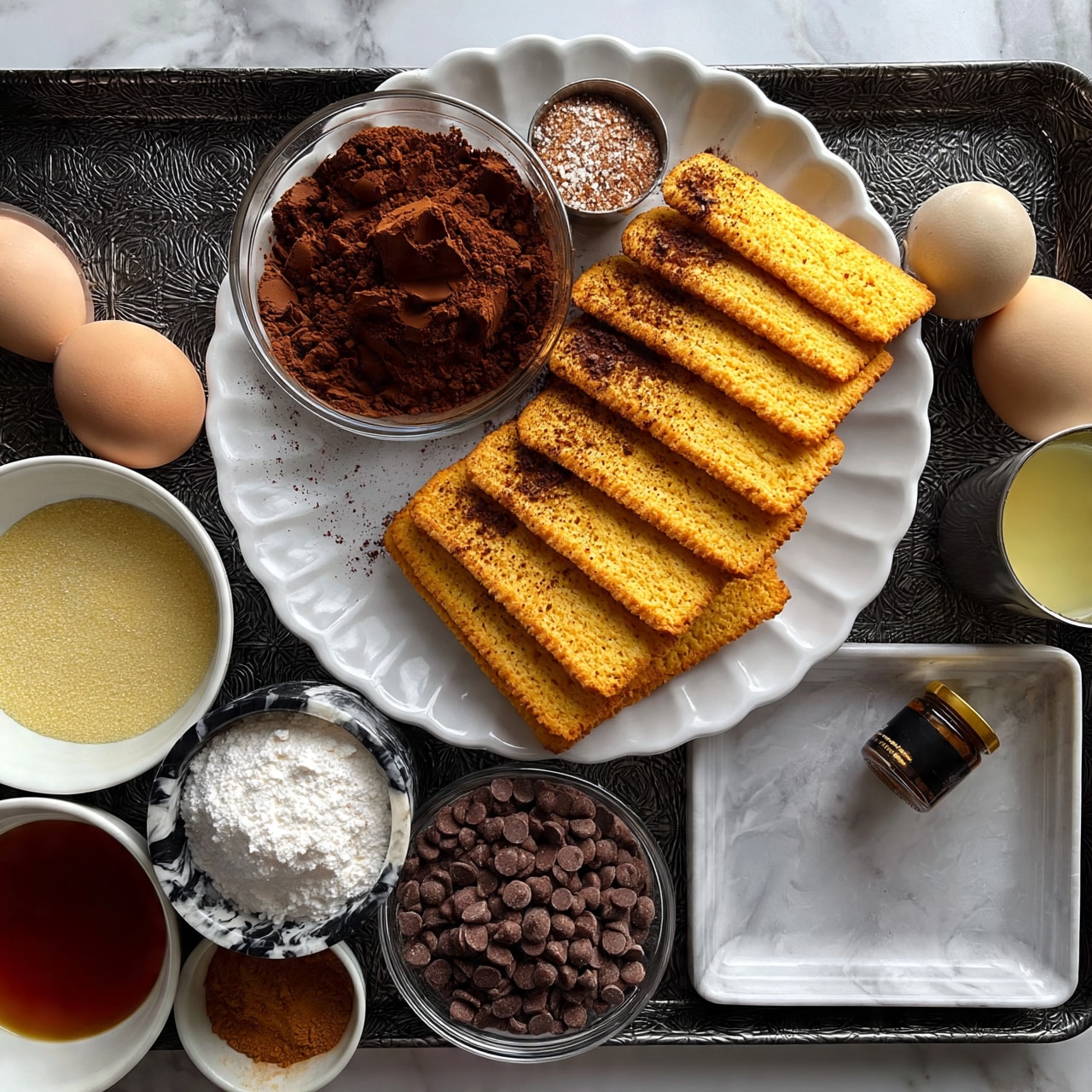 square image A white scalloped plate holds a stack of rectangular golden biscuits arranged loosely with their textured edges facing out, next to a small clear glass bowl heaped with rich dark brown cocoa powder showing some uneven clumps; a tiny metal cup filled with a light brown powder with white granules beside it; two eggs, one light brown and one beige, rest near a small metal container of pale yellow liquid. Below the plate, a white bowl contains fine pale yellow granulated sugar, and a black and white marbled cup holds soft white flour piled high. Next to these, there's a clear glass bowl full of small, round, dark chocolate chips, and a small white bowl with warm brown powder. A white bowl with deep amber liquid is at the side, and a small jar with a black label and gold lid sits at the center right on a white marbled tray. The whole setup is on a textured black baking tray over a white marbled surface, photo taken with an iphone --ar 4:5 --v 7