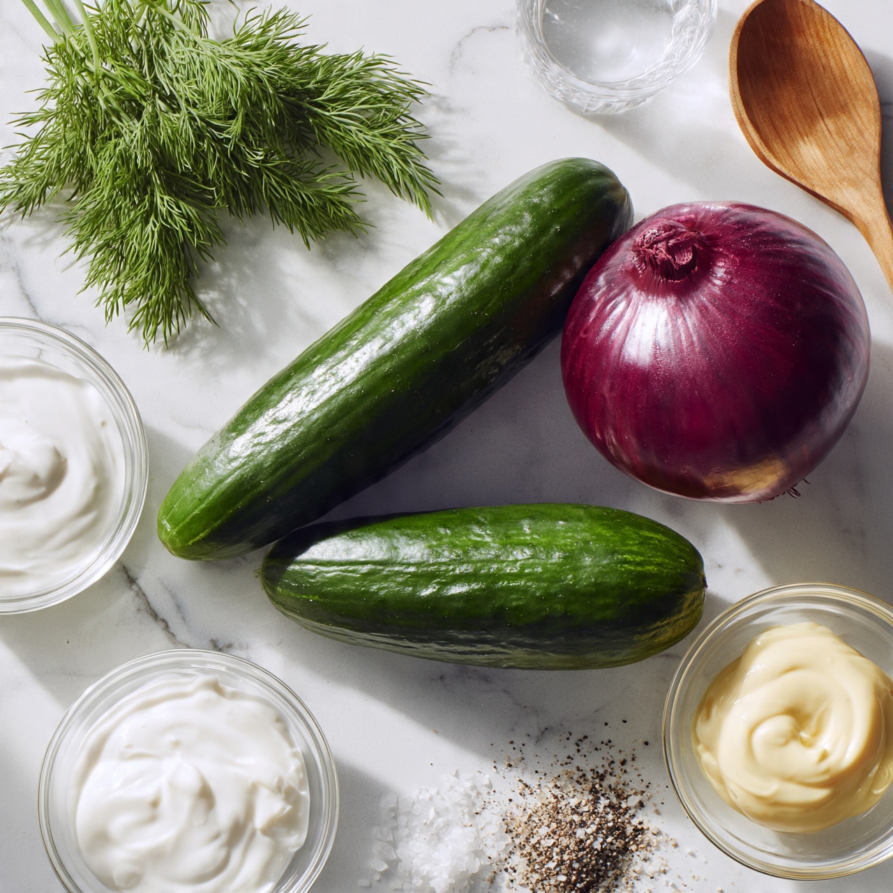 square image Two long, dark green cucumbers lie diagonally on a white marbled surface next to a whole round red onion with shiny skin. Near the top left, there are three sprigs of fresh, bright green dill. Scattered around are clear glass bowls holding white sour cream with a smooth texture, a dollop of pale yellow mayonnaise, coarse salt, and mixed black pepper and salt. There is also a small clear glass of water and a wooden spoon with a smooth surface near the top right corner. photo taken with an iphone --ar 4:5 --v 7