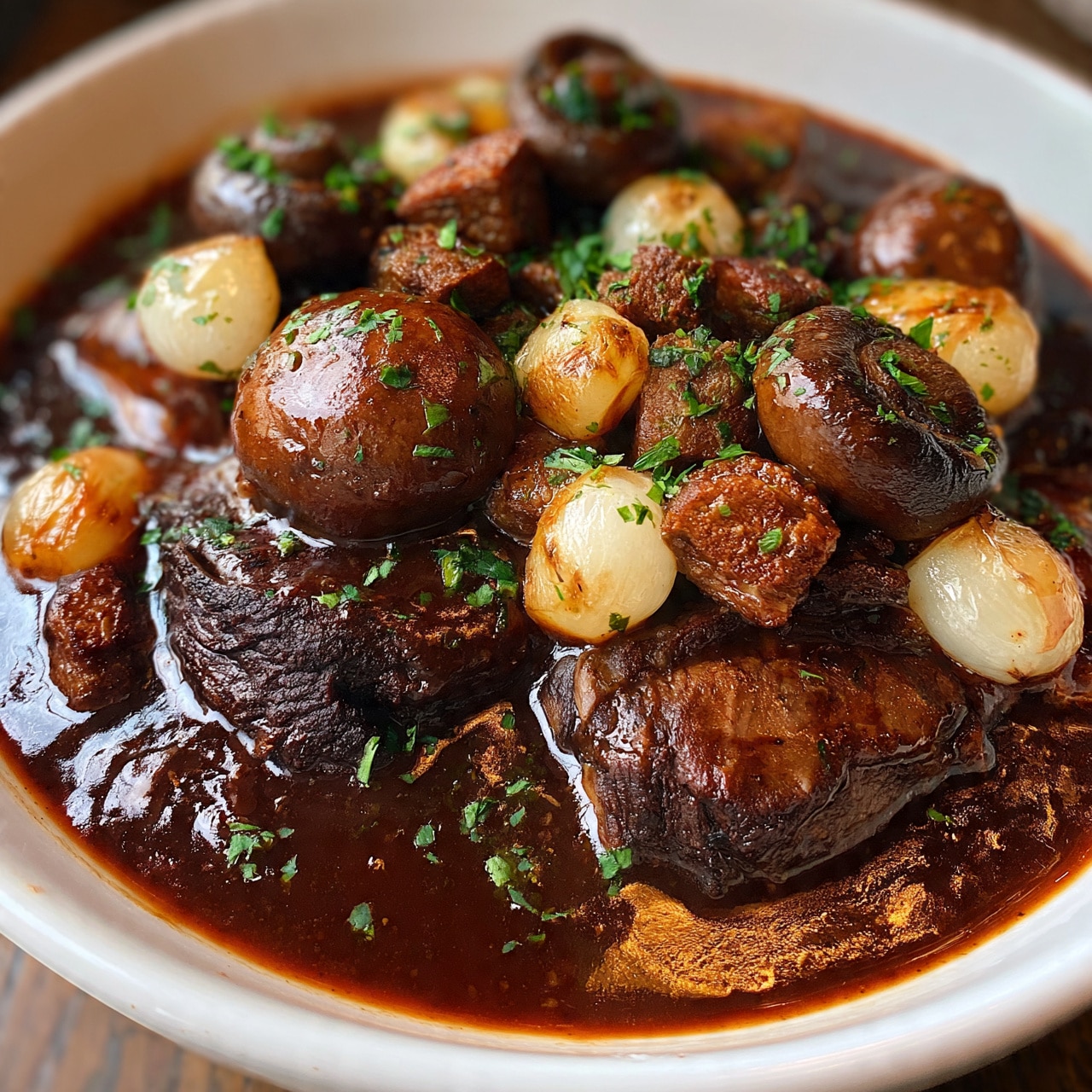 square image A white bowl holds a rich stew with three main layers: the bottom is a thick dark brown sauce with shiny texture, the middle layer shows large pieces of dark brown cooked meat partially covered by sauce, and the top layer has whole brown mushrooms, small roasted white onions, and small browned meat cubes scattered unevenly; green chopped herbs are sprinkled all over, adding a fresh touch. photo taken with an iphone --ar 4:5 --v 7