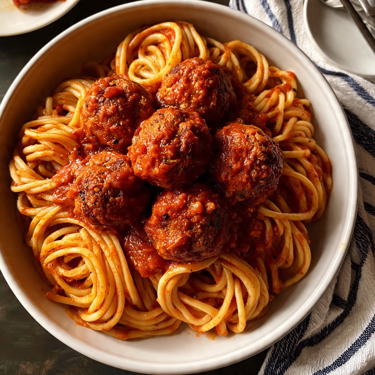 square image A wide filled white ceramic bowl holds a nest of thick spaghetti noodles coated in a light red tomato sauce with some visible small black spices. Seven round meatballs, generously covered with the same sauce, are stacked in the center on top of the spaghetti. The bowl is set on a dark surface covered partly with a white and blue striped cloth. A small white plate with utensils rests on the cloth just at the edge of the frame. Photo taken with an iphone --ar 4:5 --v 7