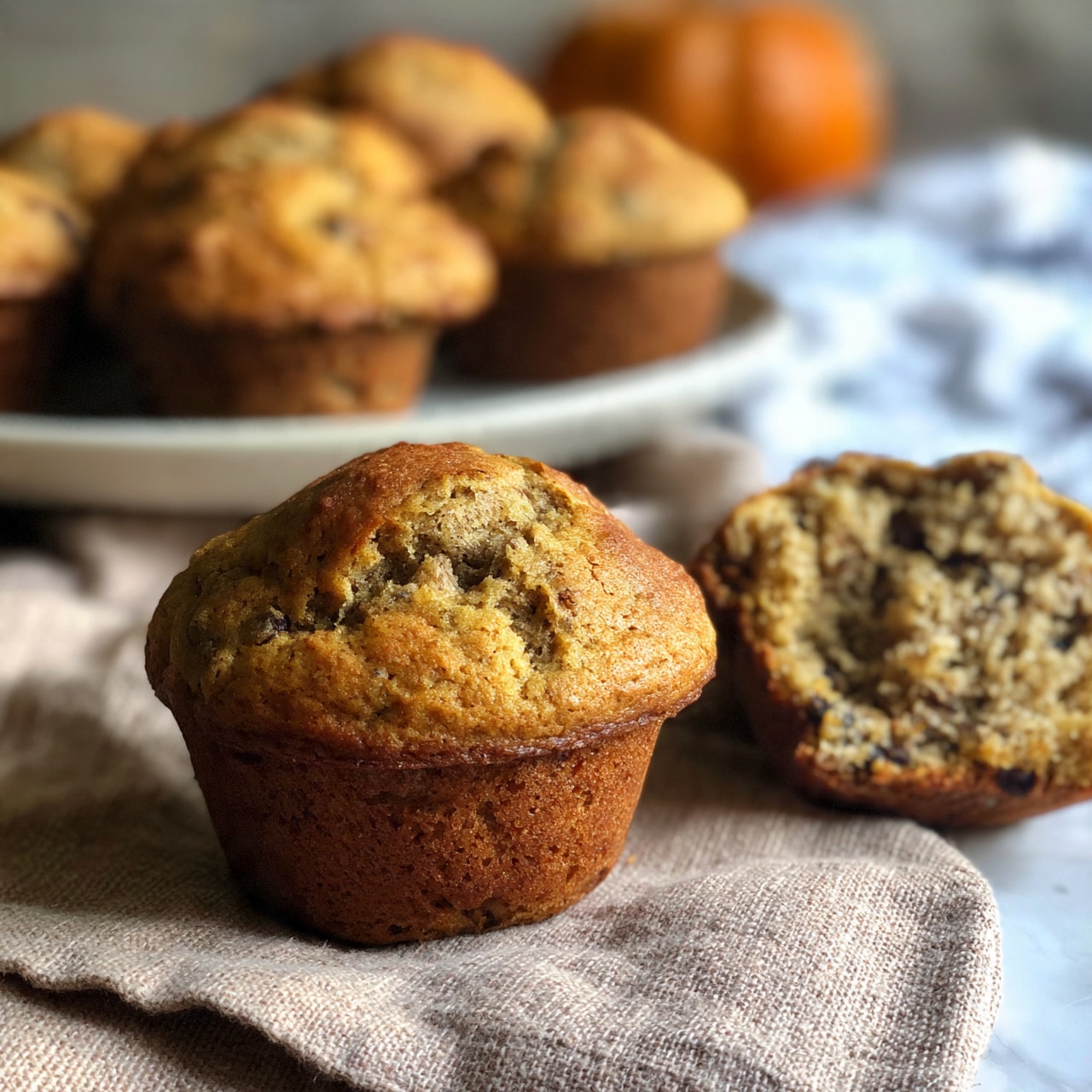 square image A soft brown muffin with a slightly cracked dome top sits on a textured light brown cloth, showing a few small dark spots that hint at chocolate chips or raisins inside. Behind it, a white plate holds several more muffins with the same golden-brown, firm surface. To the right, a single muffin is broken open, revealing a moist, crumbly inside filled with dark specks. The background includes an out-of-focus orange pumpkin and a white marbled texture. photo taken with an iphone --ar 4:5 --v 7